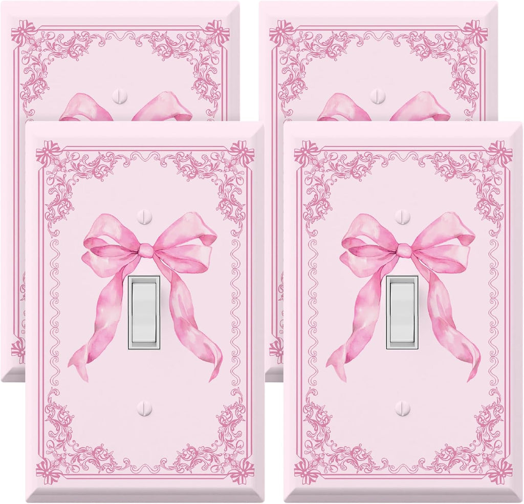 Pink Bow Light Switch Cover Plate 4 Pack Cute Outlet Covers Wall Plate with Screws Coquette Decor - 4.53 x 2.76 Inch