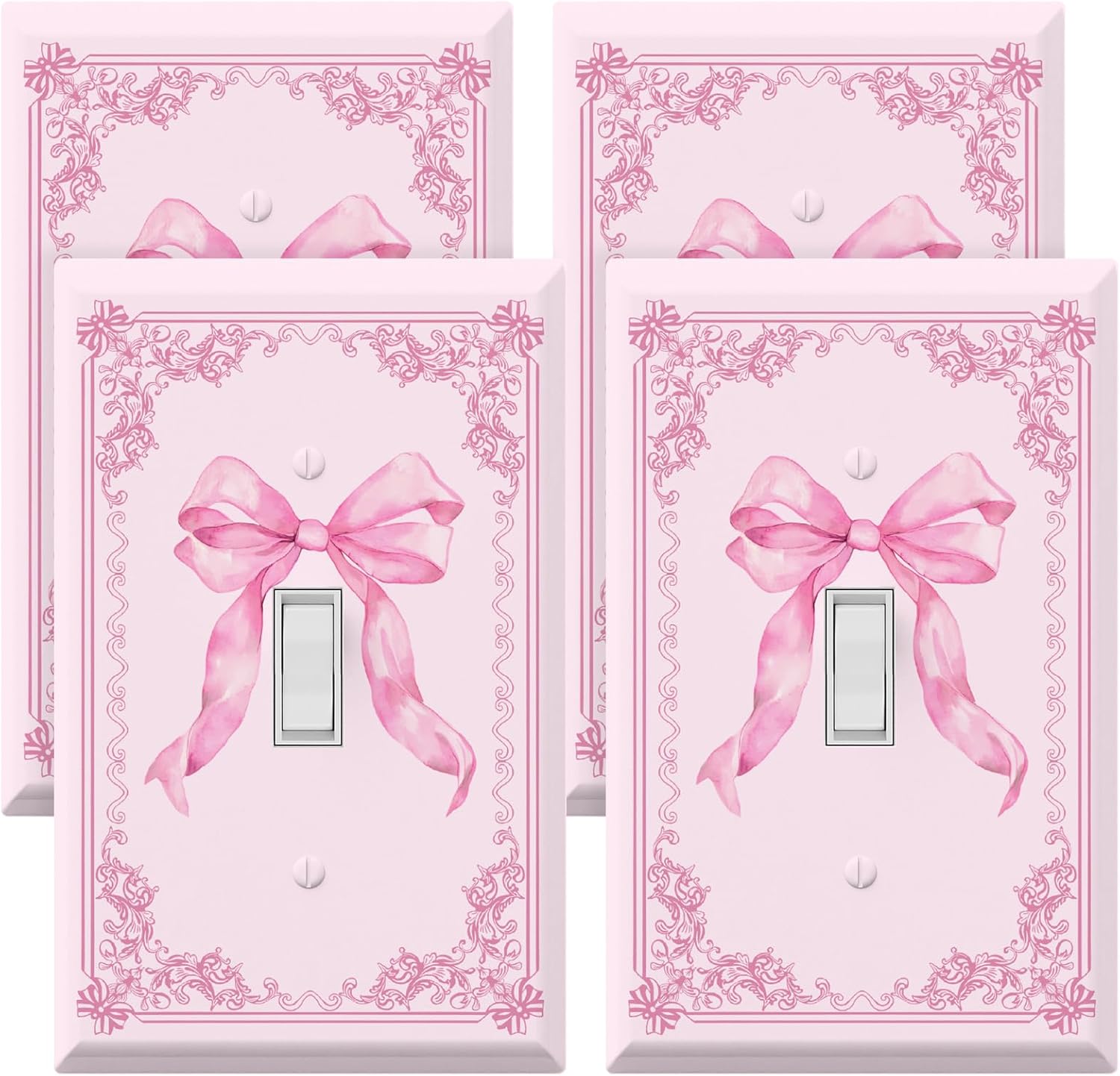 Pink Bow Light Switch Cover Plate 4 Pack Cute Outlet Covers Wall Plate with Screws Coquette Decor - 4.53 x 2.76 Inch
