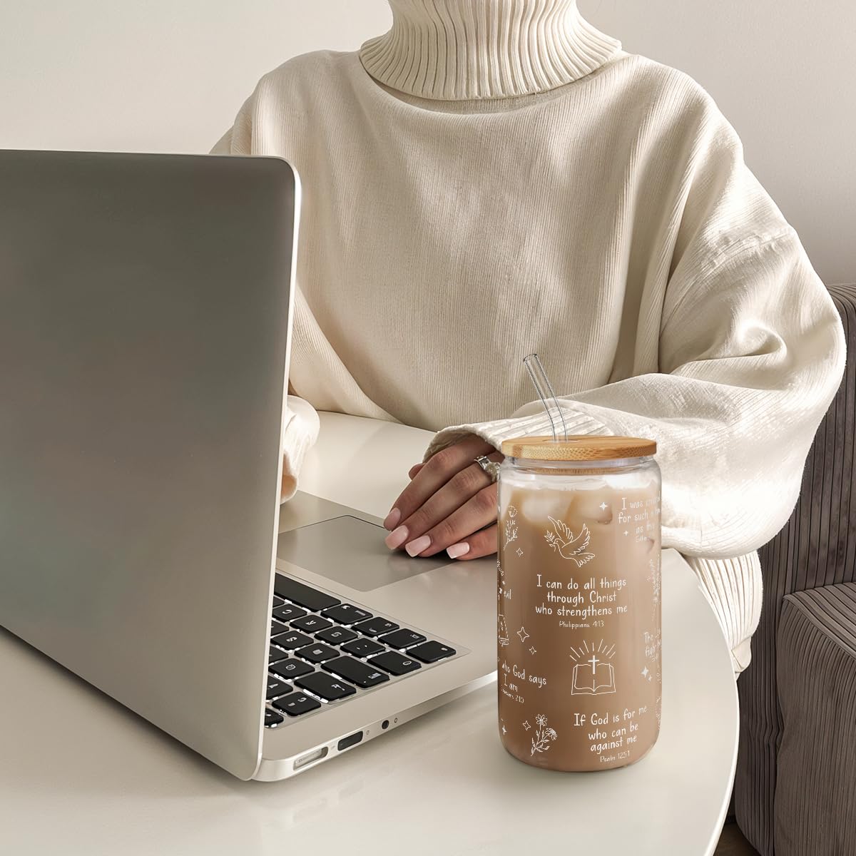 Glass Cup with Lid & Straw, Iced Coffee Aesthetic Glass Can, 16oz