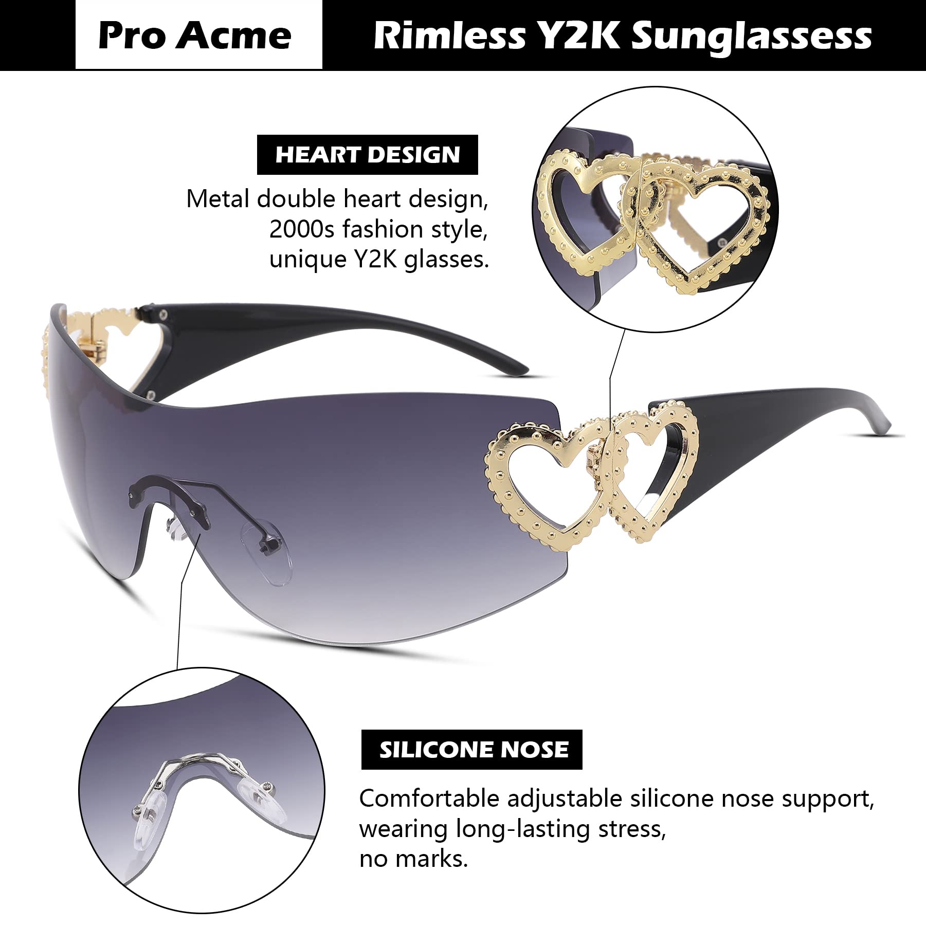 Wrap Around Heart Rhinestones Rimless Sunglasses Women Men, Oversized Fashion Futuristic Sun Glasses Cool Shade 2000S Trendy