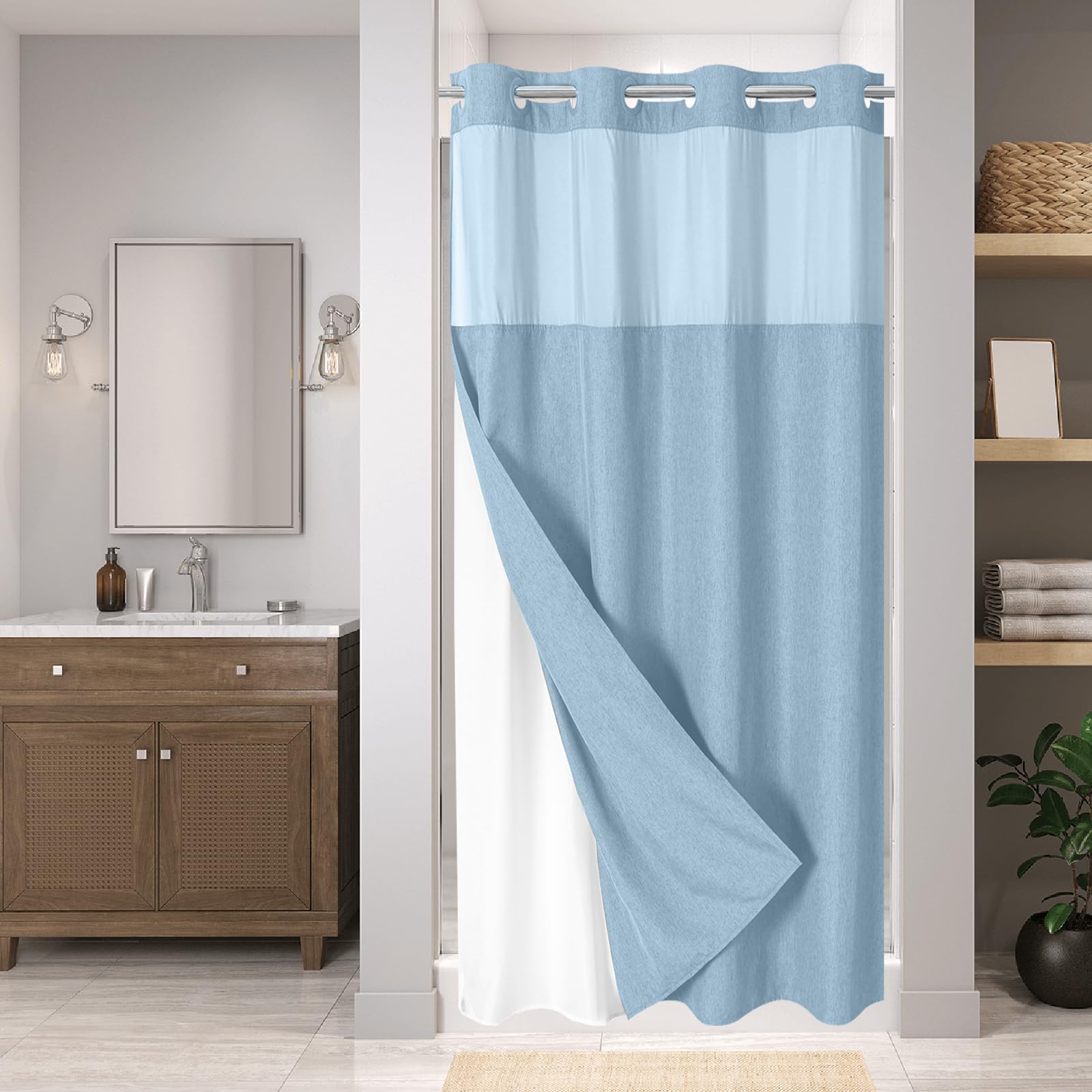No Hooks Needed Linen Textured Shower Curtain with Snap-in Fabric Liner Set, Luxury Decor Shower Curtains for Bathroom with Mesh Top Window, Waterproof & Washable