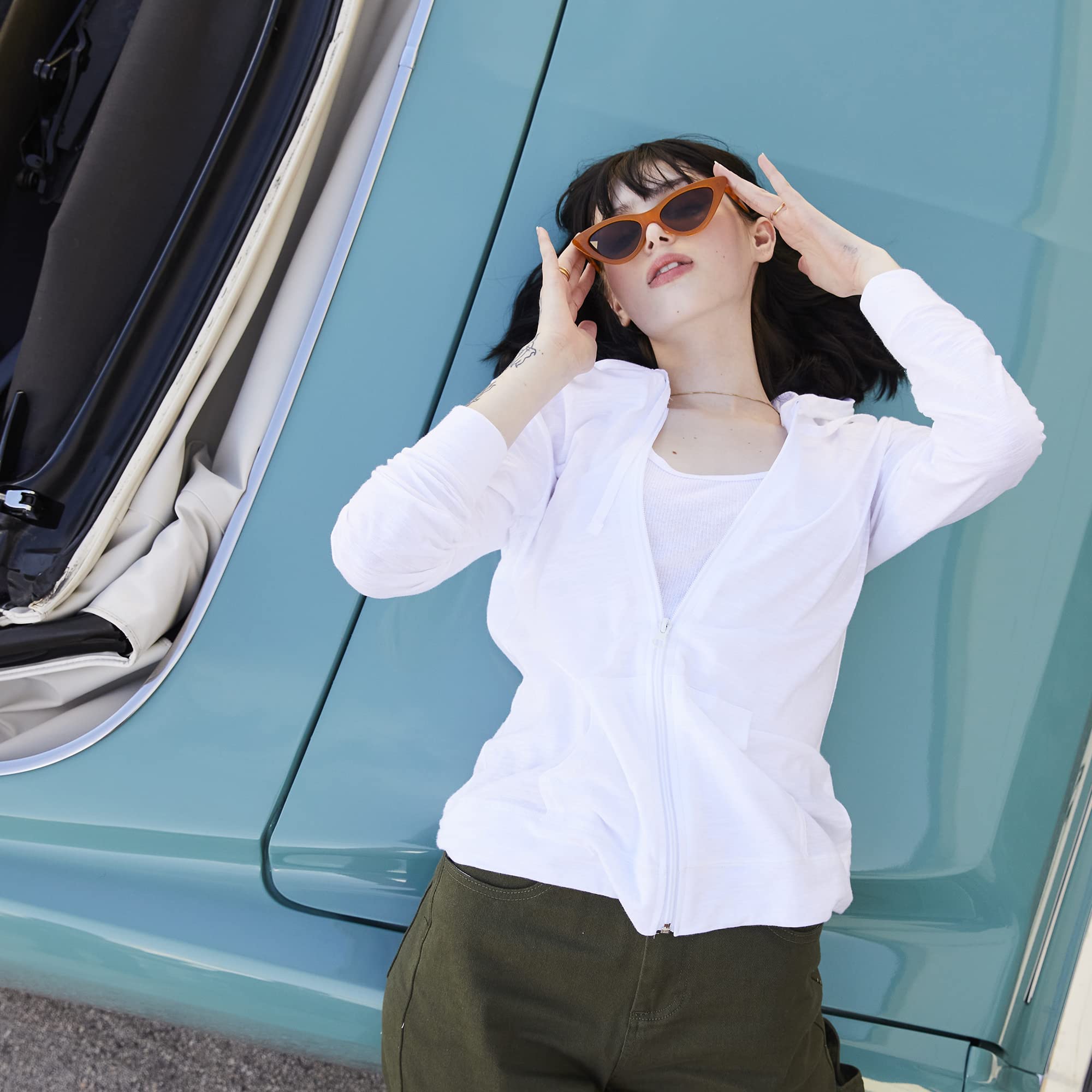 Women's Slub Knit Full-Zip Hoodie, Textured Cotton Zip-Up T-Shirt Hoodie