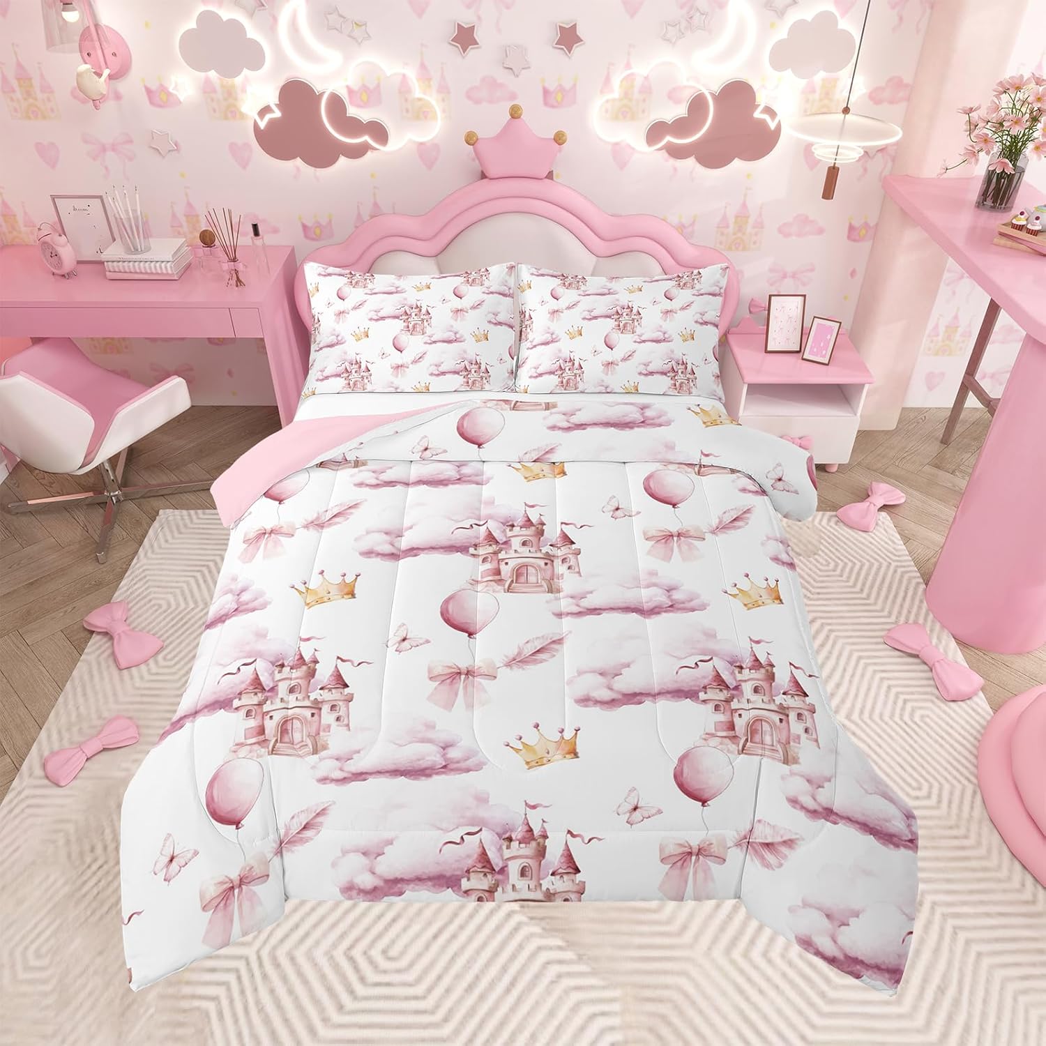 Floral Bowknot Comforter Set,Pink Bow Tie Print Bedding Set Cute Bow Flower Comforter Princess Style Bed Set for All Season
