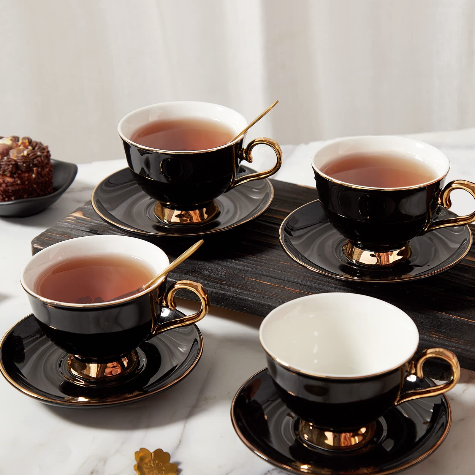Tea Cups and Saucers with Golden Trim, Petal Edge Coffee Cups with Metal Stand