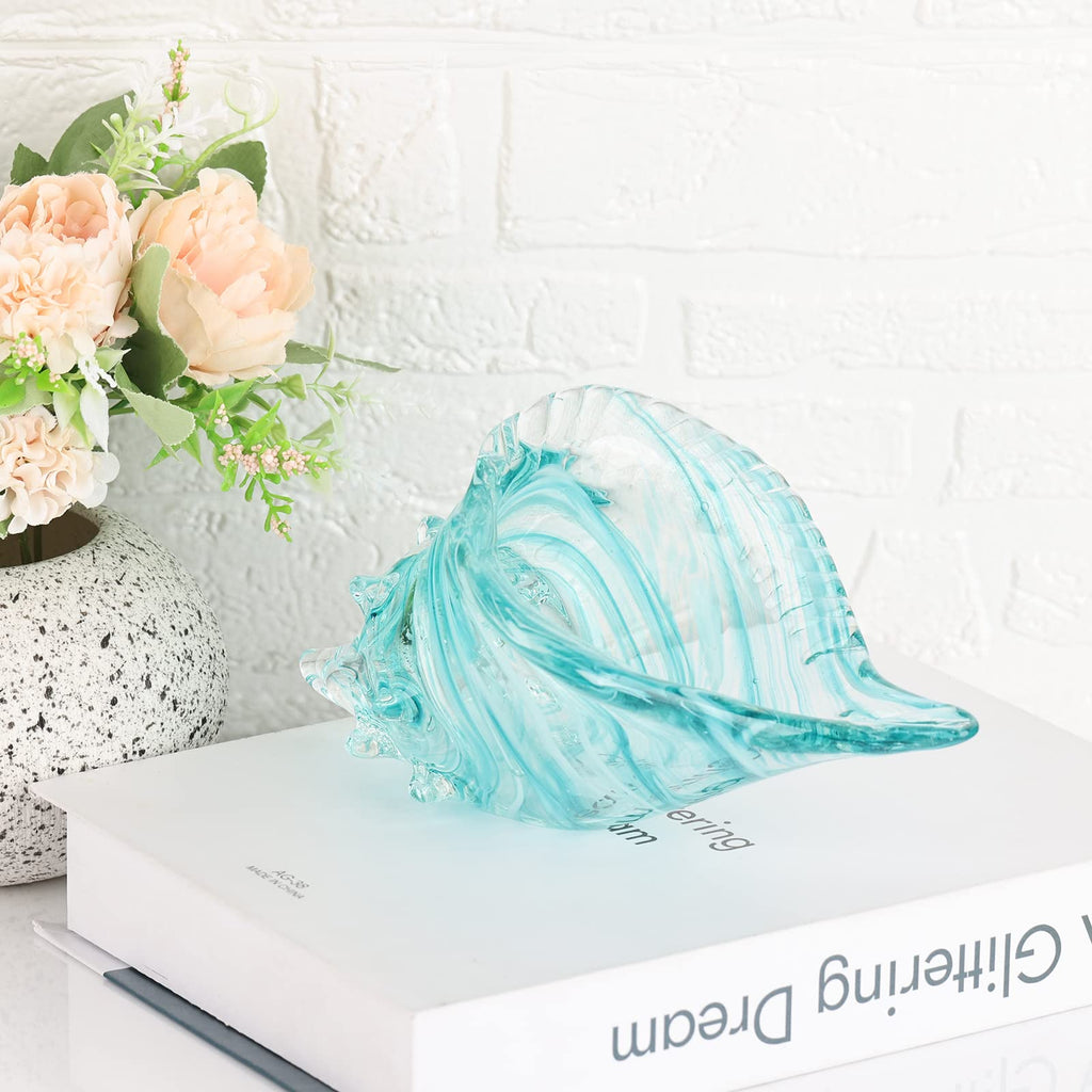 Hand Blown Glass Conch - Coastal Home Decor Conch Corners, Glass Art Conch Sculptures, Office Decor Blown Glass Art, Living Room Table Centerpieces, Bathroom Shelf Tops And Cabinet Decor
