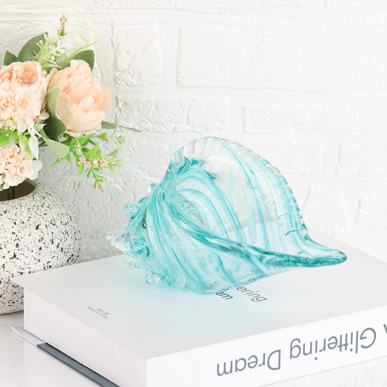 Hand Blown Glass Conch - Coastal Home Decor Conch Corners, Glass Art Conch Sculptures, Office Decor Blown Glass Art, Living Room Table Centerpieces, Bathroom Shelf Tops And Cabinet Decor
