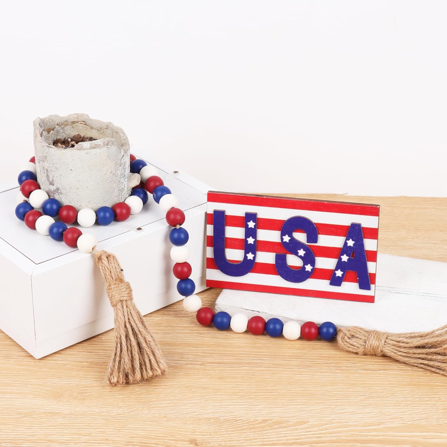 Wood Bead Garland,39in Farmhouse Beads with Tassels Boho Beads for Tiered Tray Decorative Beads Home Decor