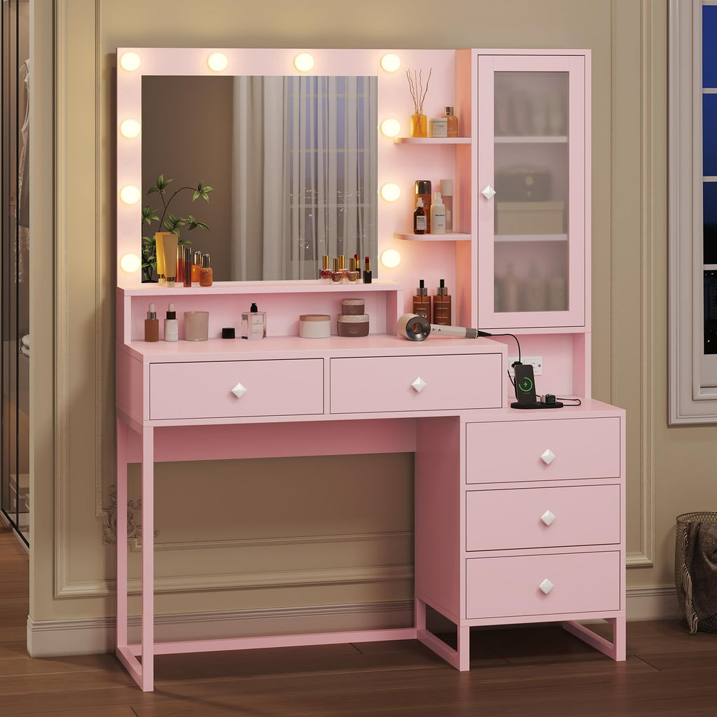 Vanity Desk with Mirror and Lights & Charging Station, White Vanity Table with 5 Storage Drawer & Glass Door & 3 Shelves