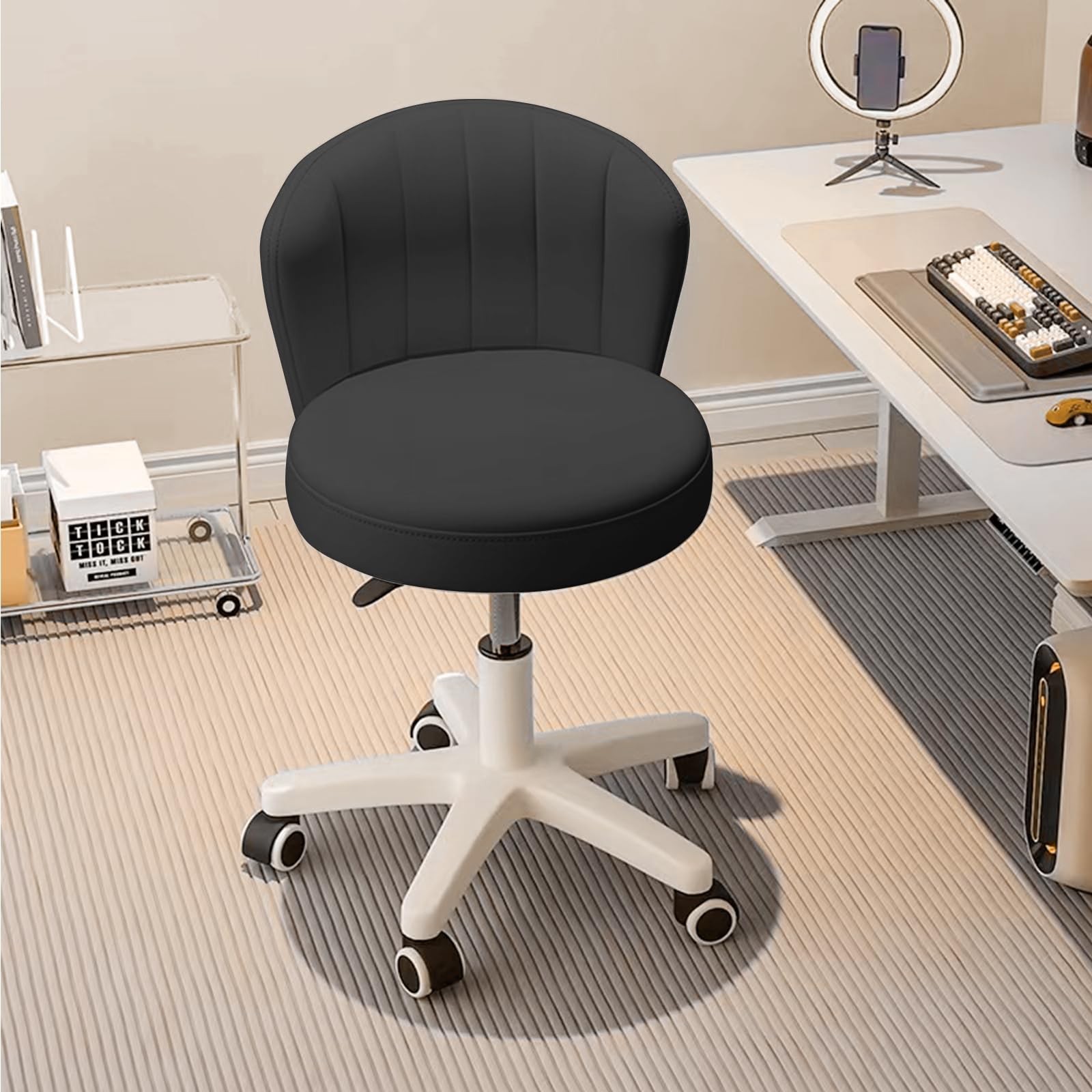 Small Desk Chair Round Rolling Chair with Back PU Leather Height Adjustable Swivel Vanity Work Computer Stool Chair