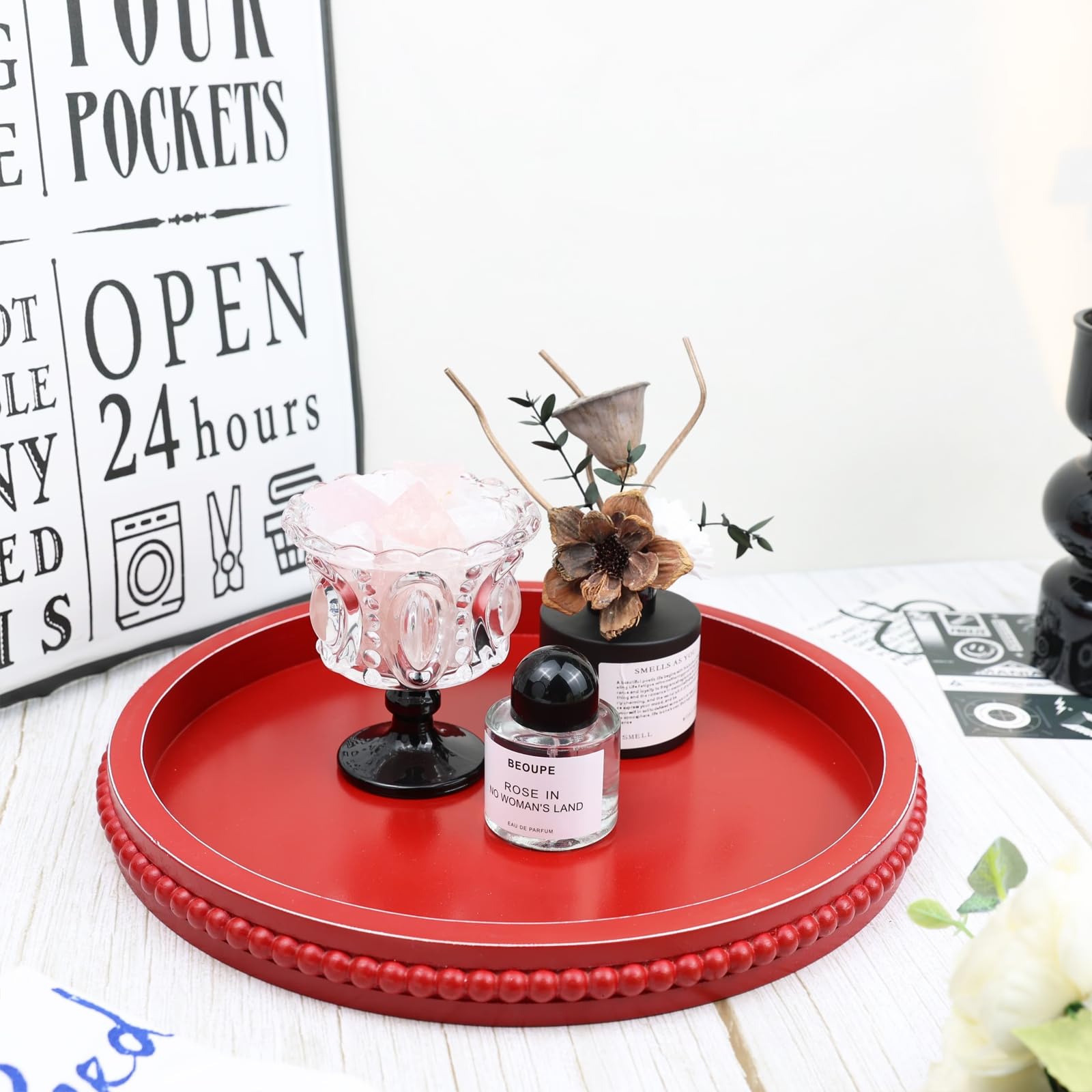 Round Wood Decorative Ottoman Tray for Coffee Table Kitchen Counter, Living Room, Handcrafted Wooden Serving Tray for Table Centerpiece