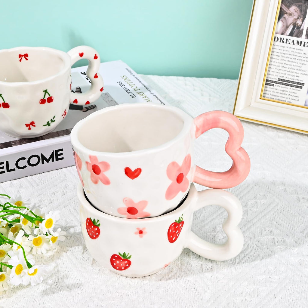 Ribbon Bow Ceramic Mug, Cute Creative Heart Handle Mug Design, 10.5 oz/300 ml