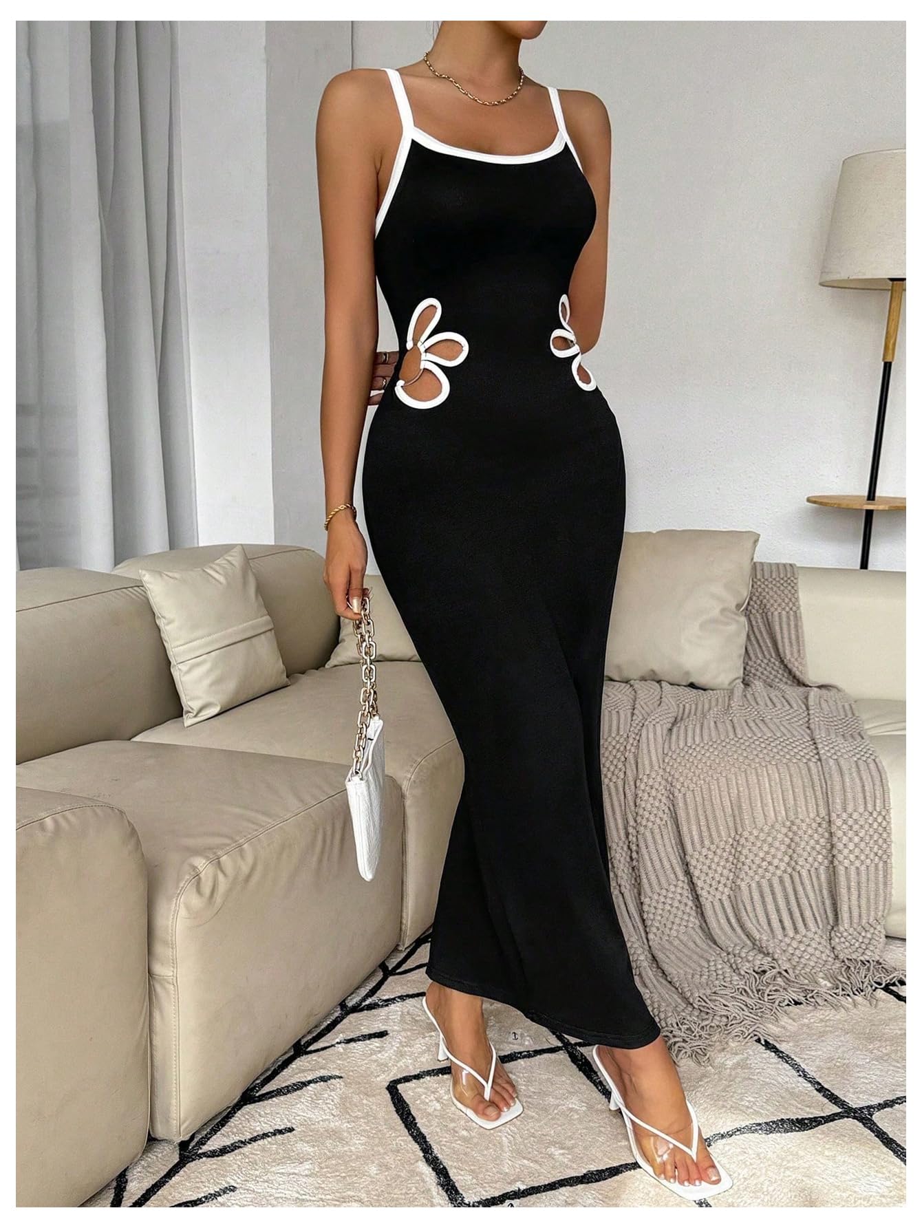 Women's Floral Cut Out Bodycon Maxi Dress Split Backless Sleeveless Cami Dress