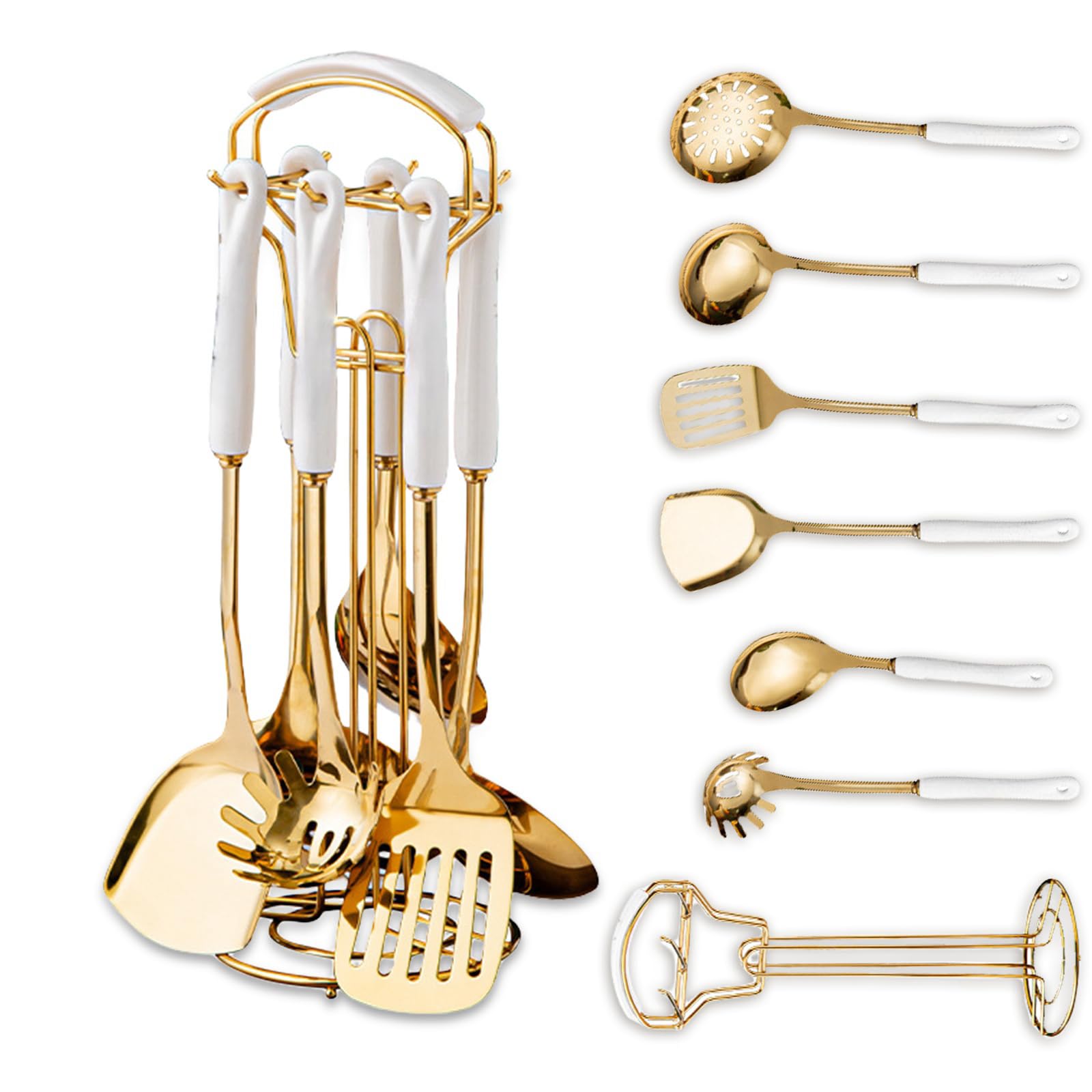 Gold Kitchen Utensils, 7pieces Gold Cooking Utensils Set, Kitchen Tools Set With Utensil Holder, Gold Kitchen Accessories, Dishwasher Safe, Easy To Clean