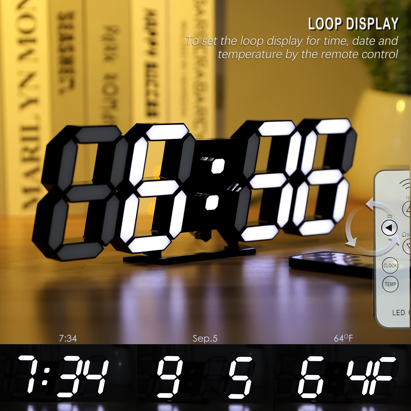 LED 3D Wall Clock 9.7" Clock with Remote/Dimming/12/24H/Temp/Alarm Clock/Date