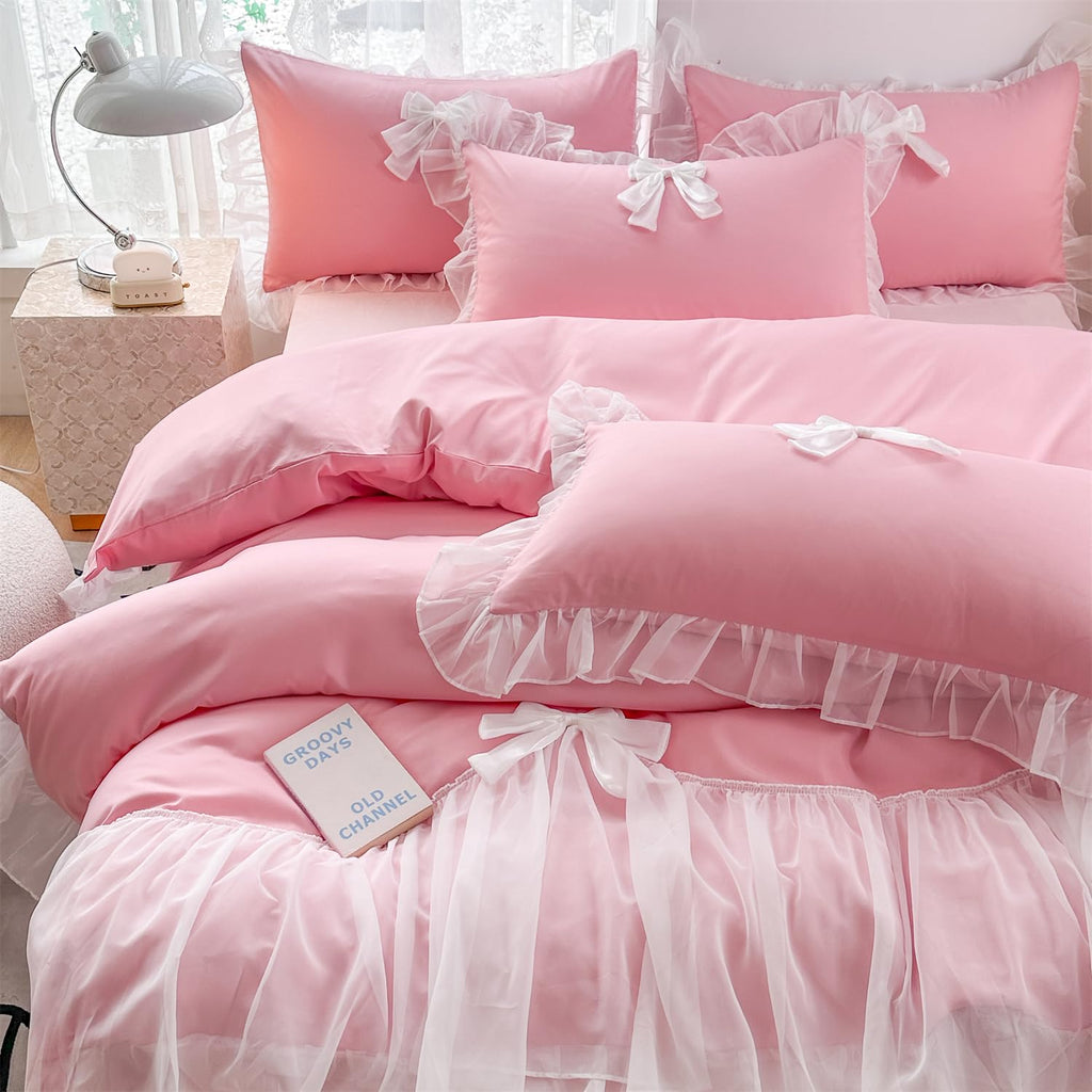 Girls Lace Bedding,Queen Comforter Cover Set, Chic Ruffled Duvet Cover with Lovely Bow,Princess Style 1 Duvet Cover with 2 Pillowcases, No Comforter-Hot Pink,Full Size