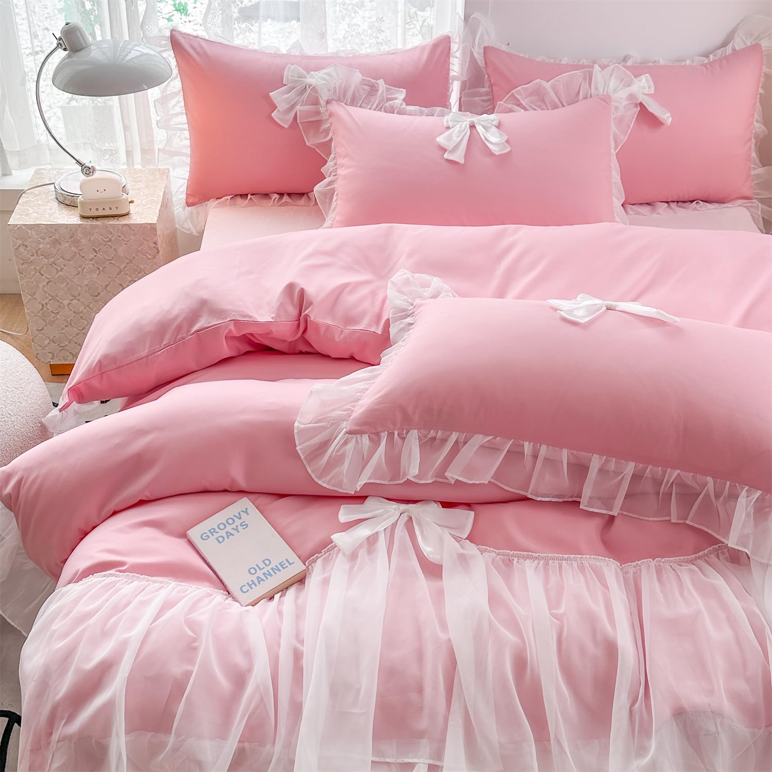 Girls Lace Bedding,Queen Comforter Cover Set, Chic Ruffled Duvet Cover with Lovely Bow,Princess Style 1 Duvet Cover with 2 Pillowcases, No Comforter-Hot Pink,Full Size