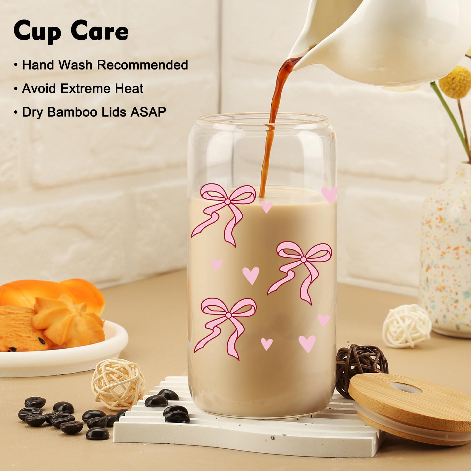 Cherry Bow Cup, Birthday Gifts for Women, Girly Gifts for Her, Sister, Mom, Colleague - 16 OZ Glass Tumbler with Straw & Lid, Coquette Iced Cup