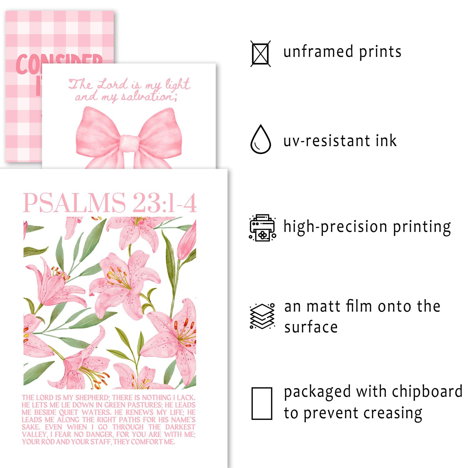 A 16 PCS Coquette Wall Art Decor, Pink Bow Bible Verses Gallery Wall Prints