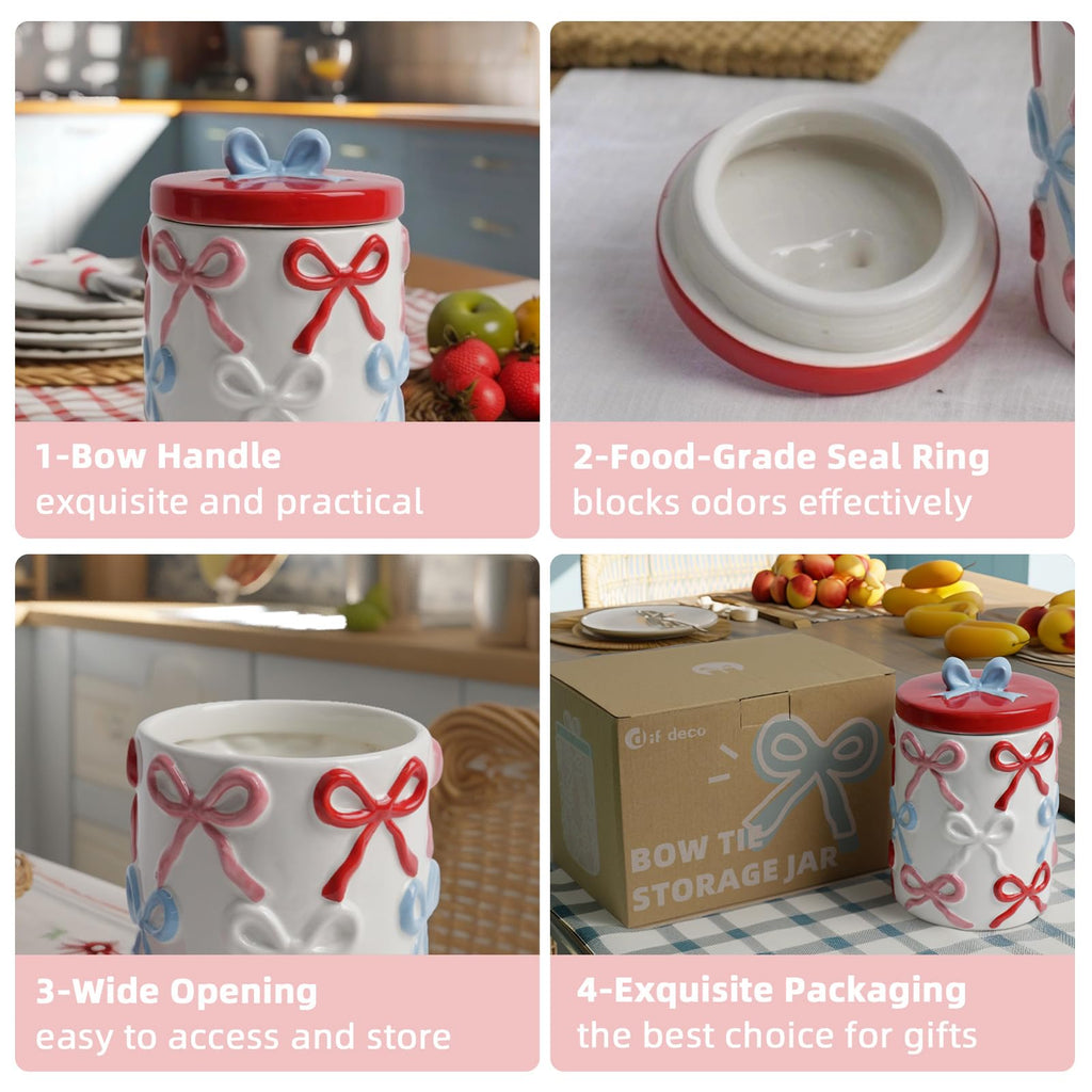 Cookie Bow Jars with Lid Airtight, 7.5 Inch Large Ceramic Food Storage Containers (42oz)