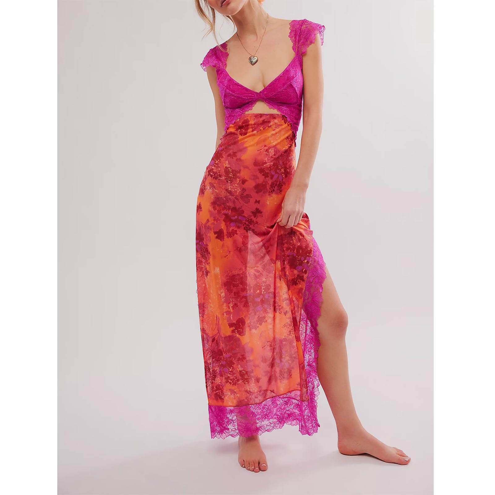 Women Sleeveless Maxi Dress Backless Bodycon Floral Printed Spaghetti Strap Long Dress Sheer Mesh Summer One-Piece