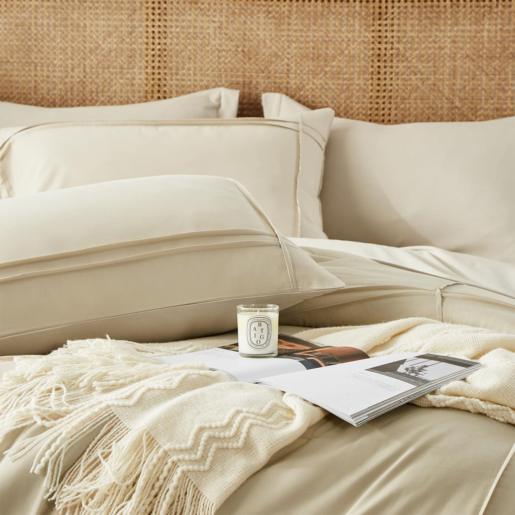 Comforter Set 7 Piece Bed in a Bag, Grid Pinch Pleat Bedding Set, Striped Textured Soft Microfiber Comforter with Sheet Set