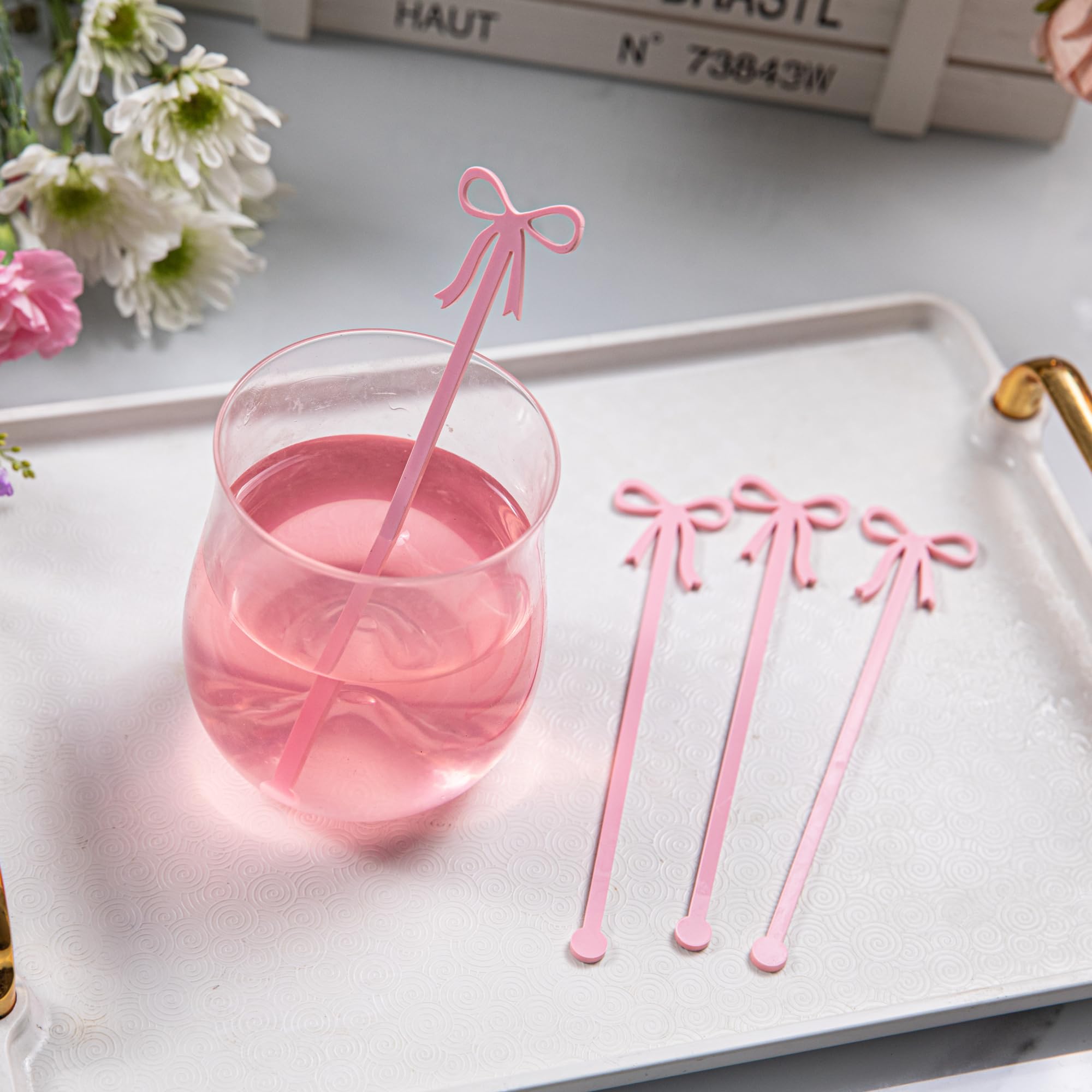 Coquette 20 pcs Bow Drink Stirrers, Acrylic Drink Stirs for Bow Themed Party Decoration