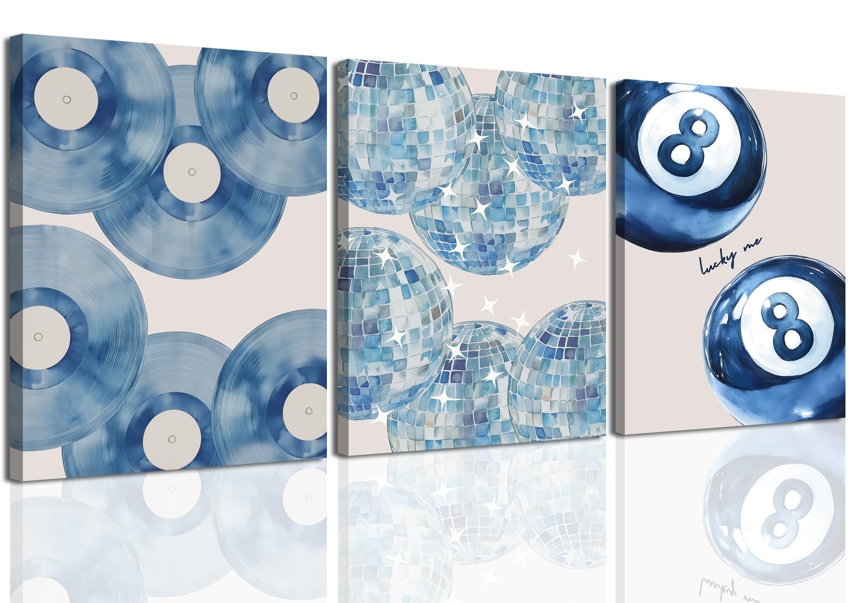 Trendy Blue Wall Art Set of 3, Preppy Navy Blue Wall Decor, Coquette Disco Lucky Me 8 Ball Poster Canvas Prints Aesthetic Pictures Room Dorm