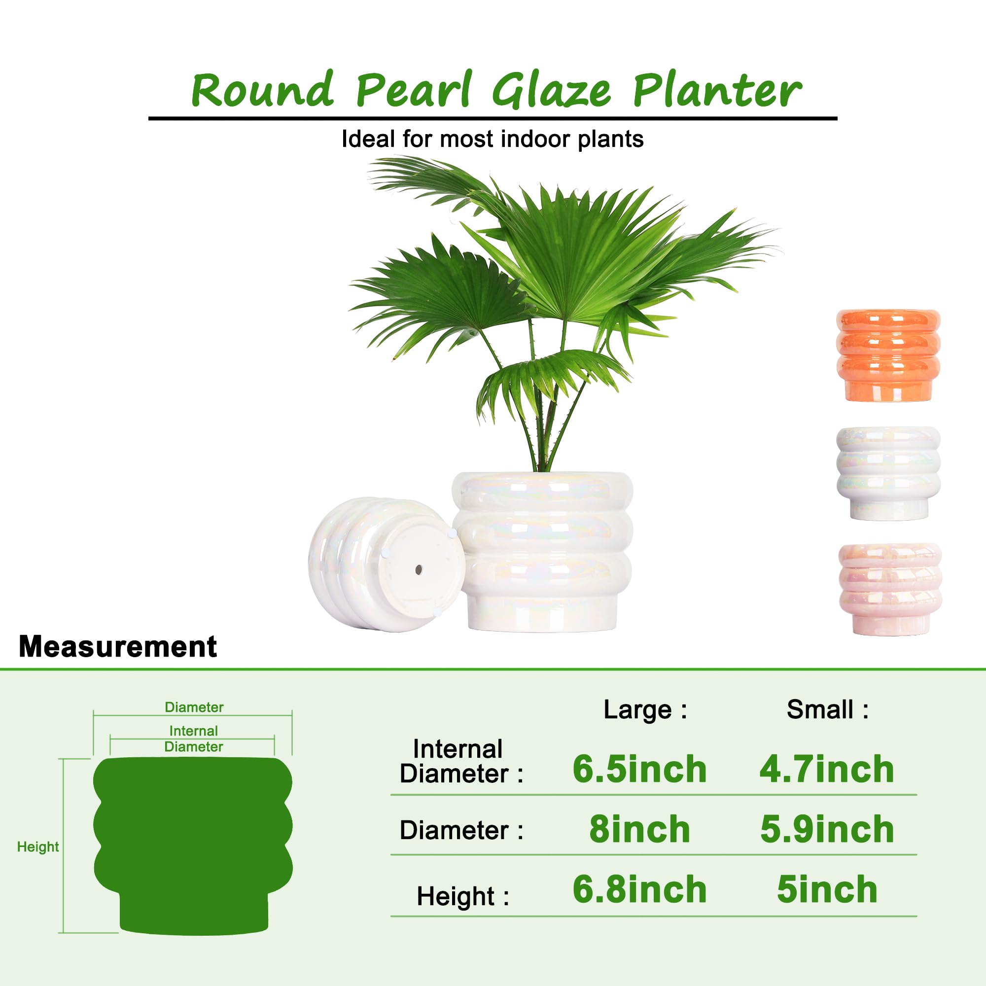 Ceramic Plant Pots for Indoor Plants, Rainbow Pearl Glaze Planter with Planters for Plants with Drainage Hole