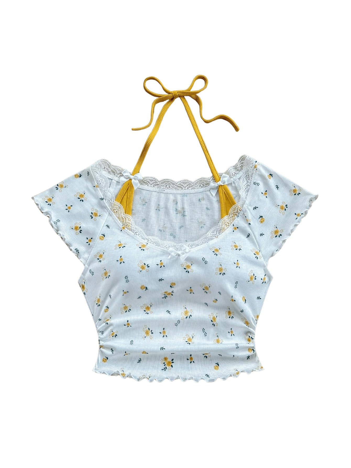 Women's Contrast Lace Halter Neck Lettuce Trim Casual Crop Tee Tops