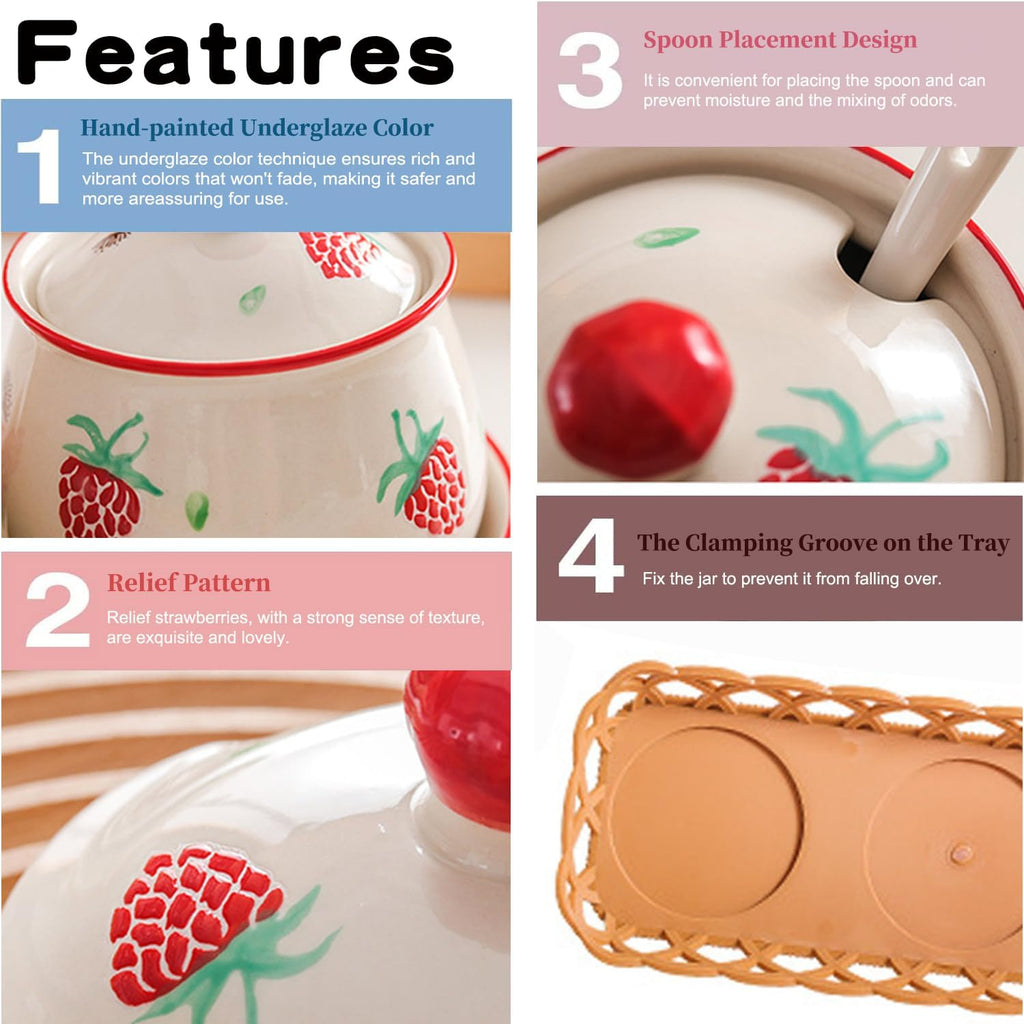 Red Strawberry Ceramic Condiment Jars with Lids and Spoons, 3 Piece Porcelain Seasoning Jar Set Container Pot with Serving Tray