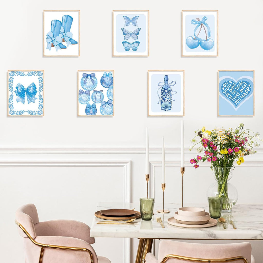 Coquette 12Pcs Blue Wall Decor - Bow Knot Cherry Wall Art Prints Decorative Aesthetic Pictures for Girls Home Office Room Gallery Party, 8 x 10 Inch, Unframed