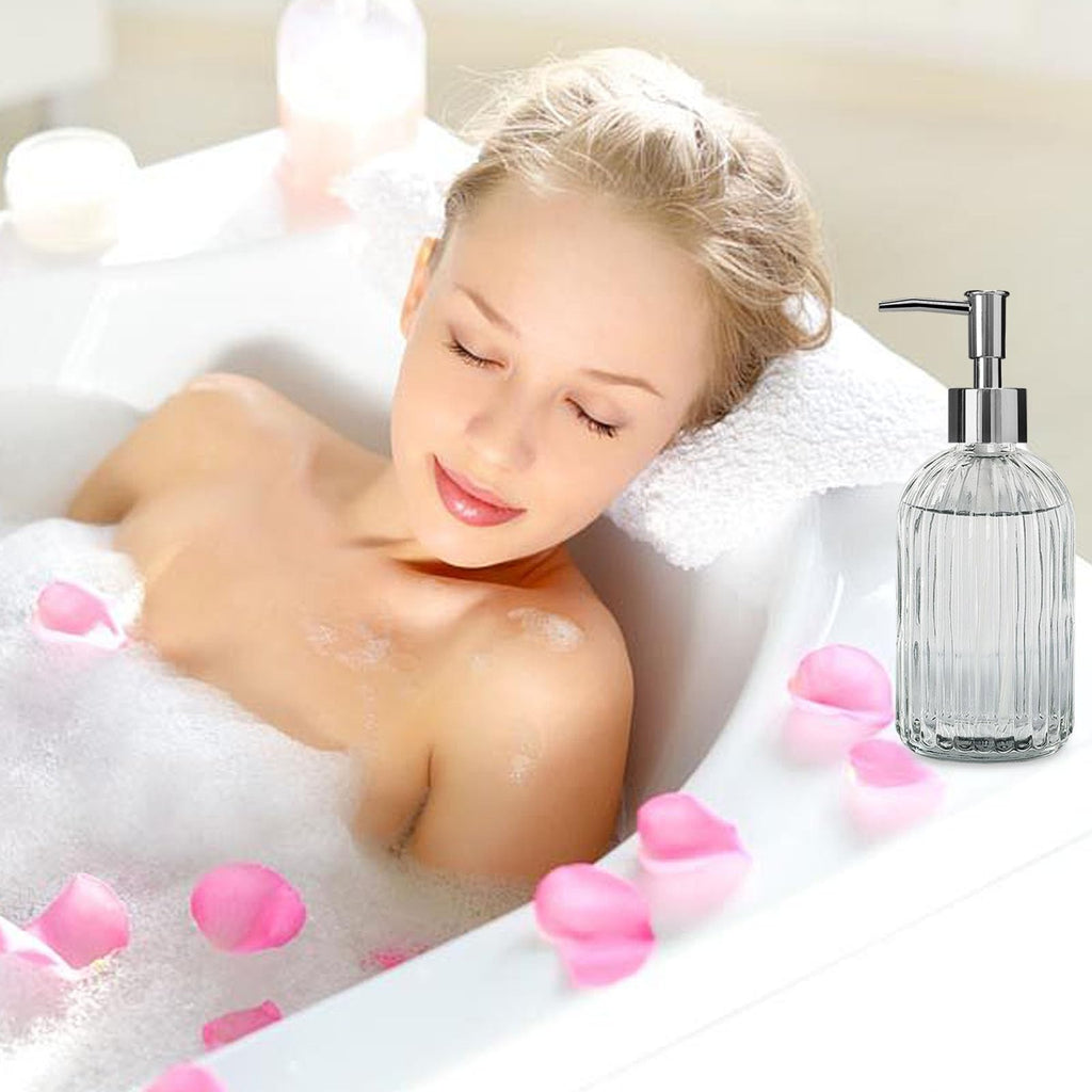 Pink Clear Glass Soap Dispenser 13 Oz/400ml, Striped Transparent Liquid Hand Soap Dispenser for Kitchen & Bathroom