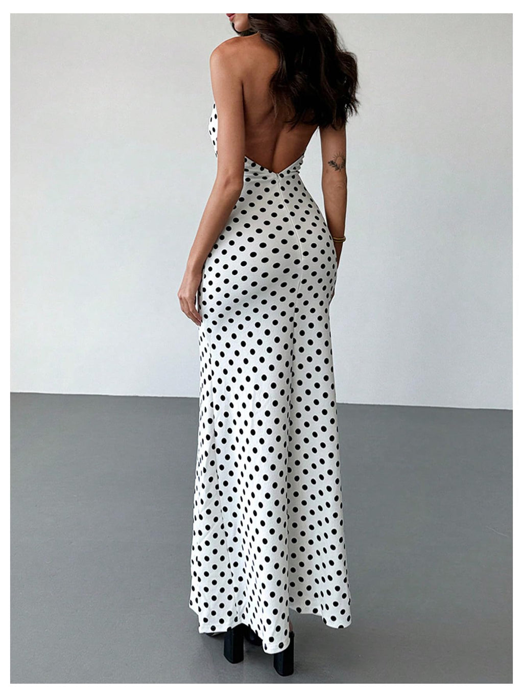 Women's Polka Dots Halter Dress High Split Deep V Neck Backless Bodycon Maxi 3D Flower Dresses