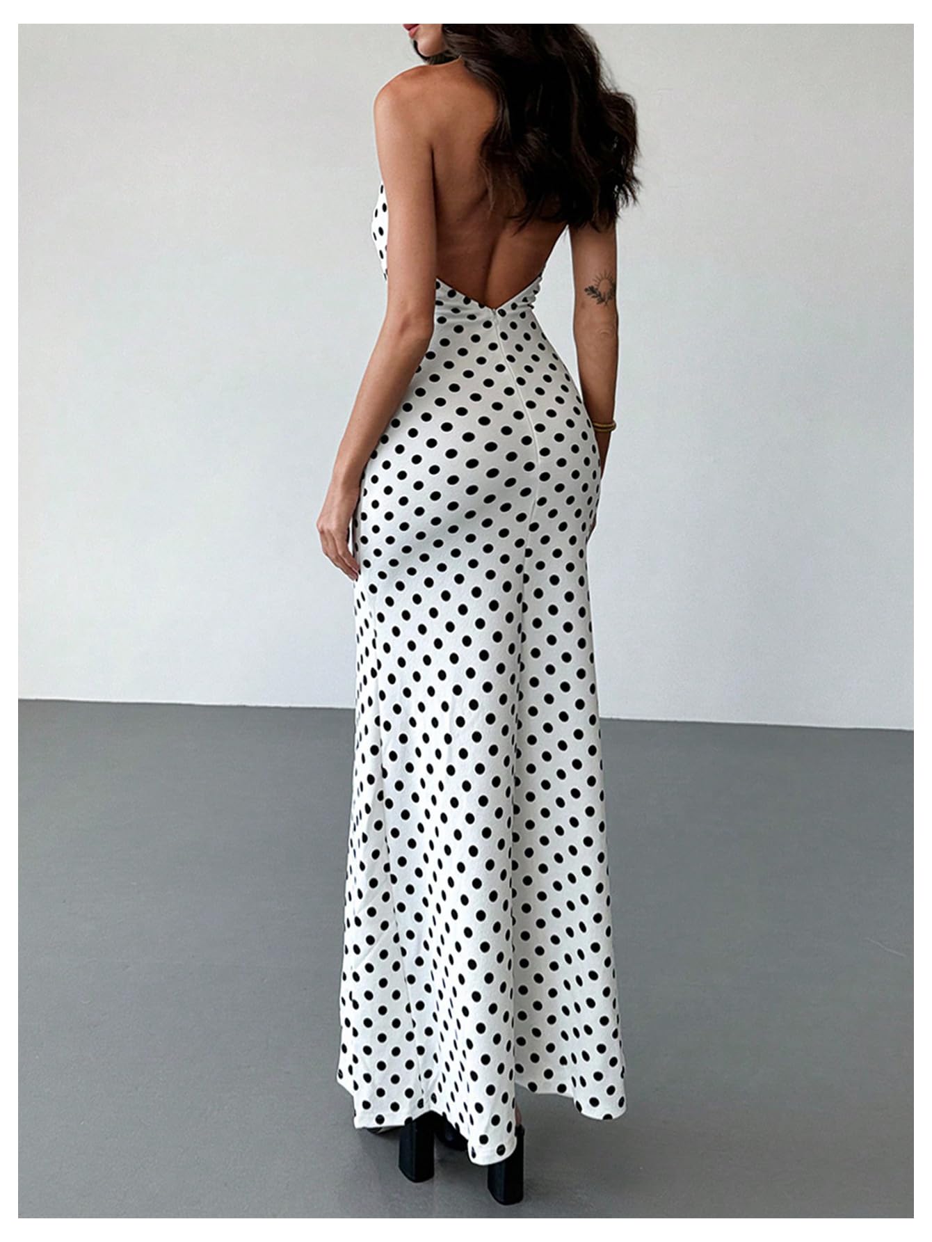 Women's Polka Dots Halter Dress High Split Deep V Neck Backless Bodycon Maxi 3D Flower Dresses
