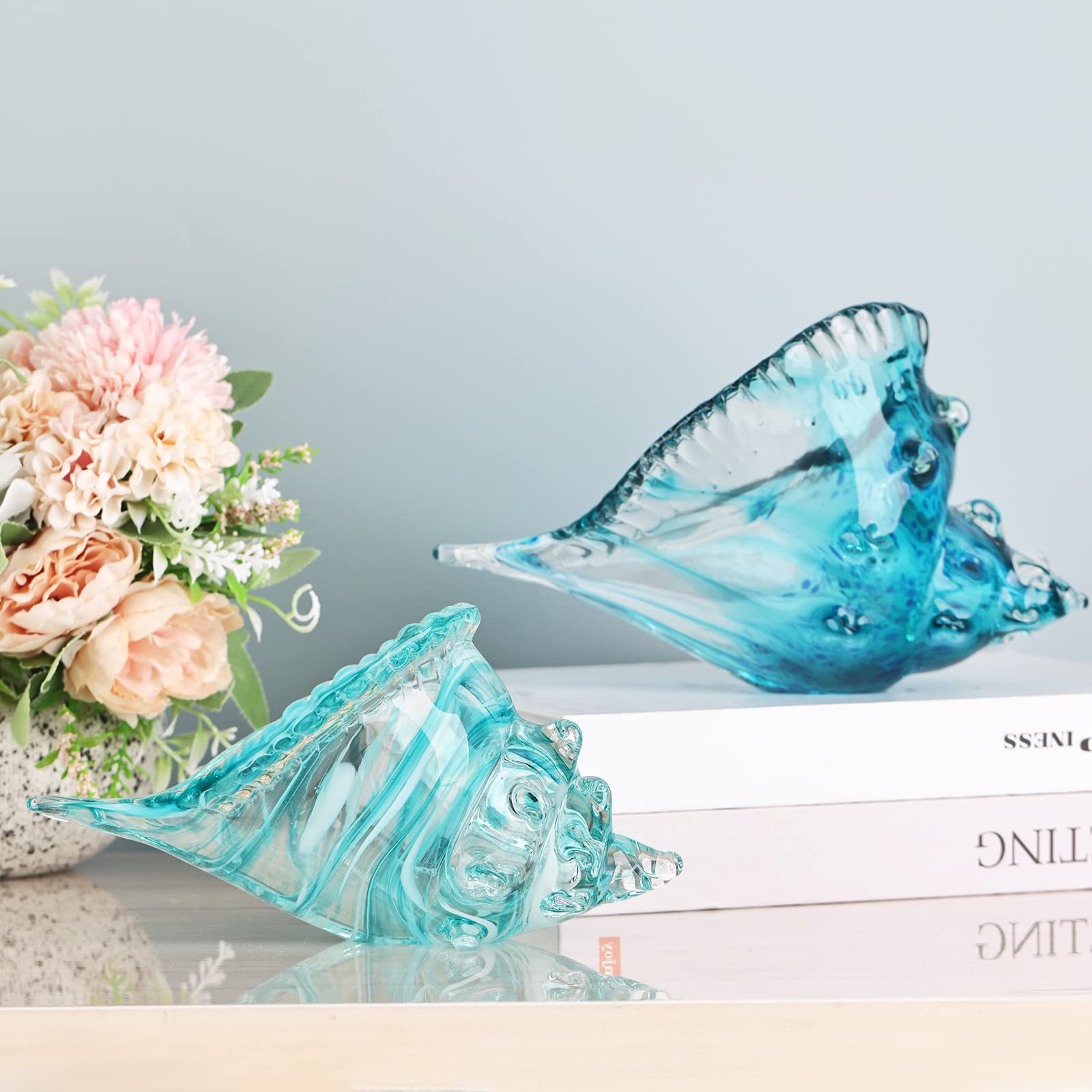 Hand Blown Glass Conch - Coastal Home Decor Conch Corners, Glass Art Conch Sculptures, Office Decor Blown Glass Art, Living Room Table Centerpieces, Bathroom Shelf Tops And Cabinet Decor