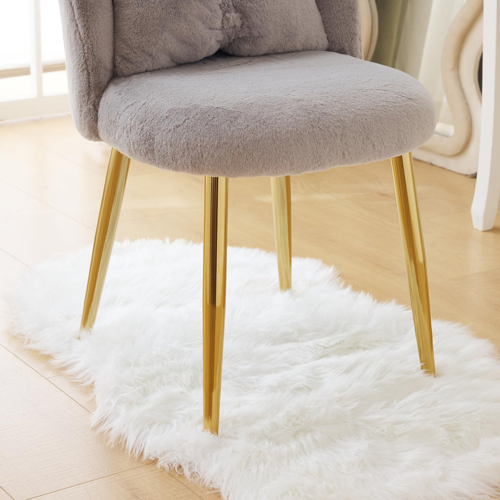 Cute, non-wheeled desk chair with backrest, fluffy cushion, cozy makeup chair with adjustable golden legs