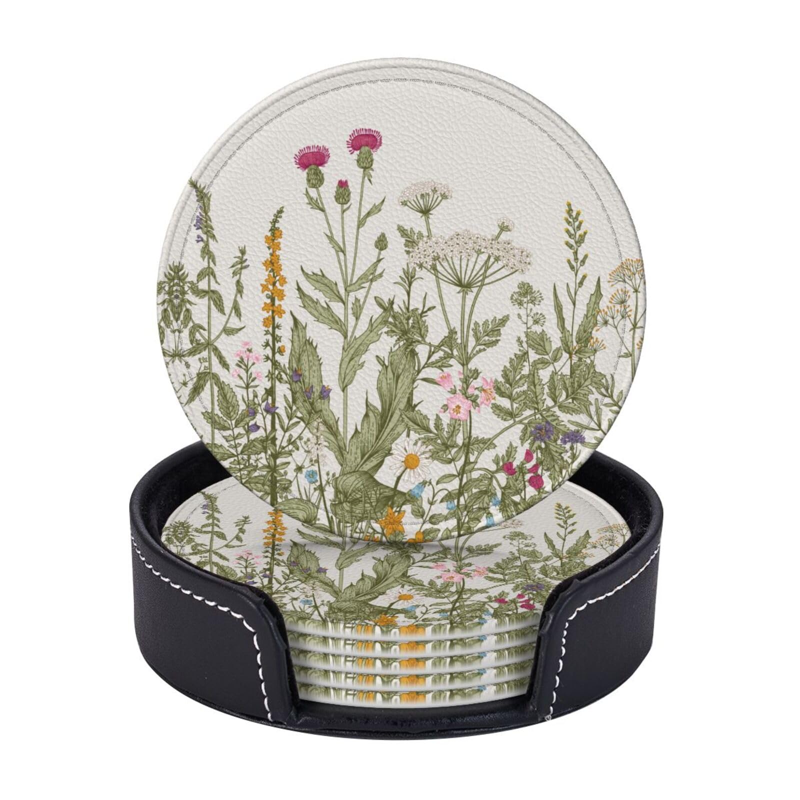 Coasters for Drinks Round Leather Coaster with Holder Set of 6 for Tabletop Protection