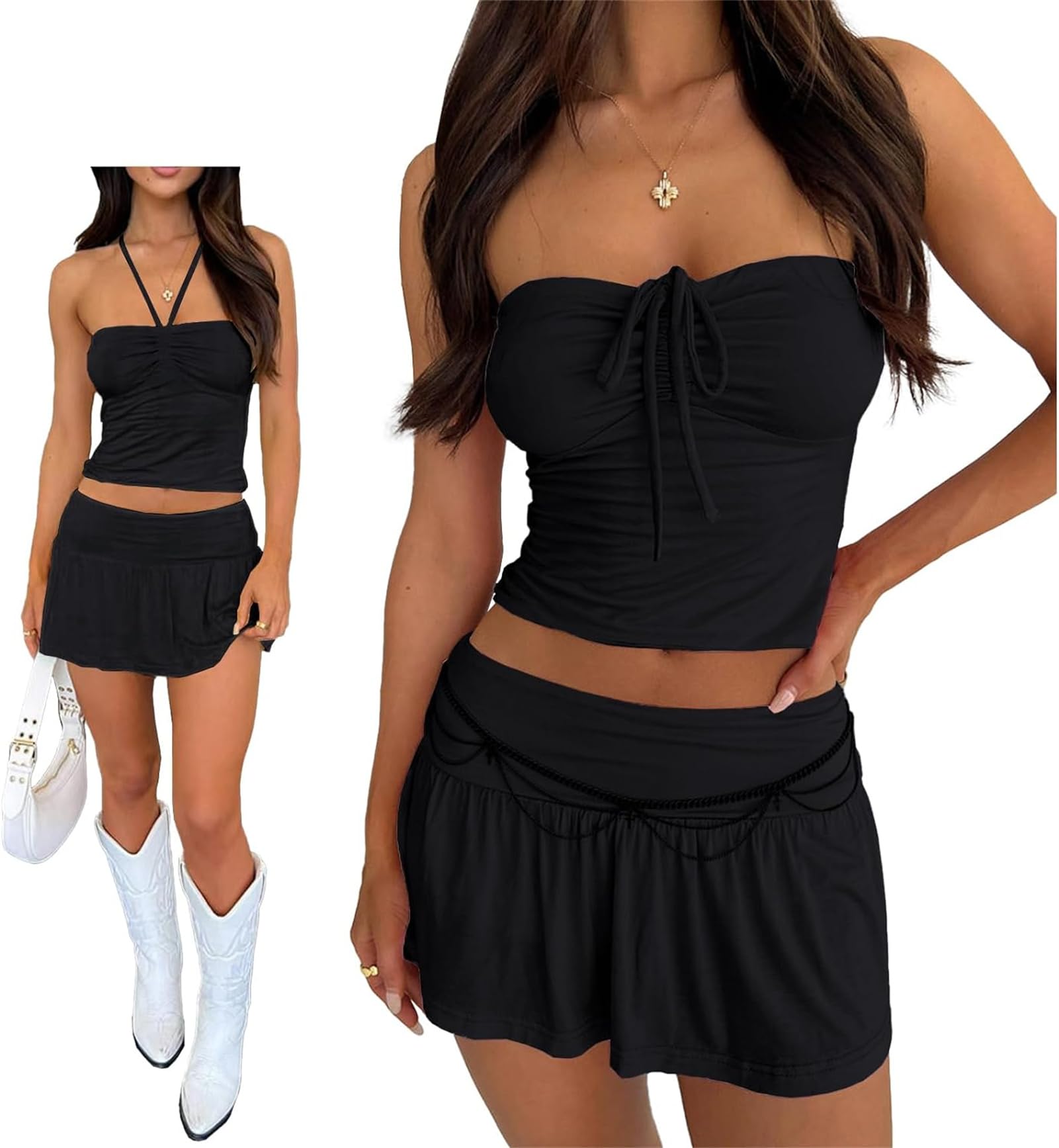 Women Sexy Summer 2 Piece Sets Drawstring Ruched Crop Tube Top Low Rise Ruffle Mini Skirts Sets Y2k Outfits