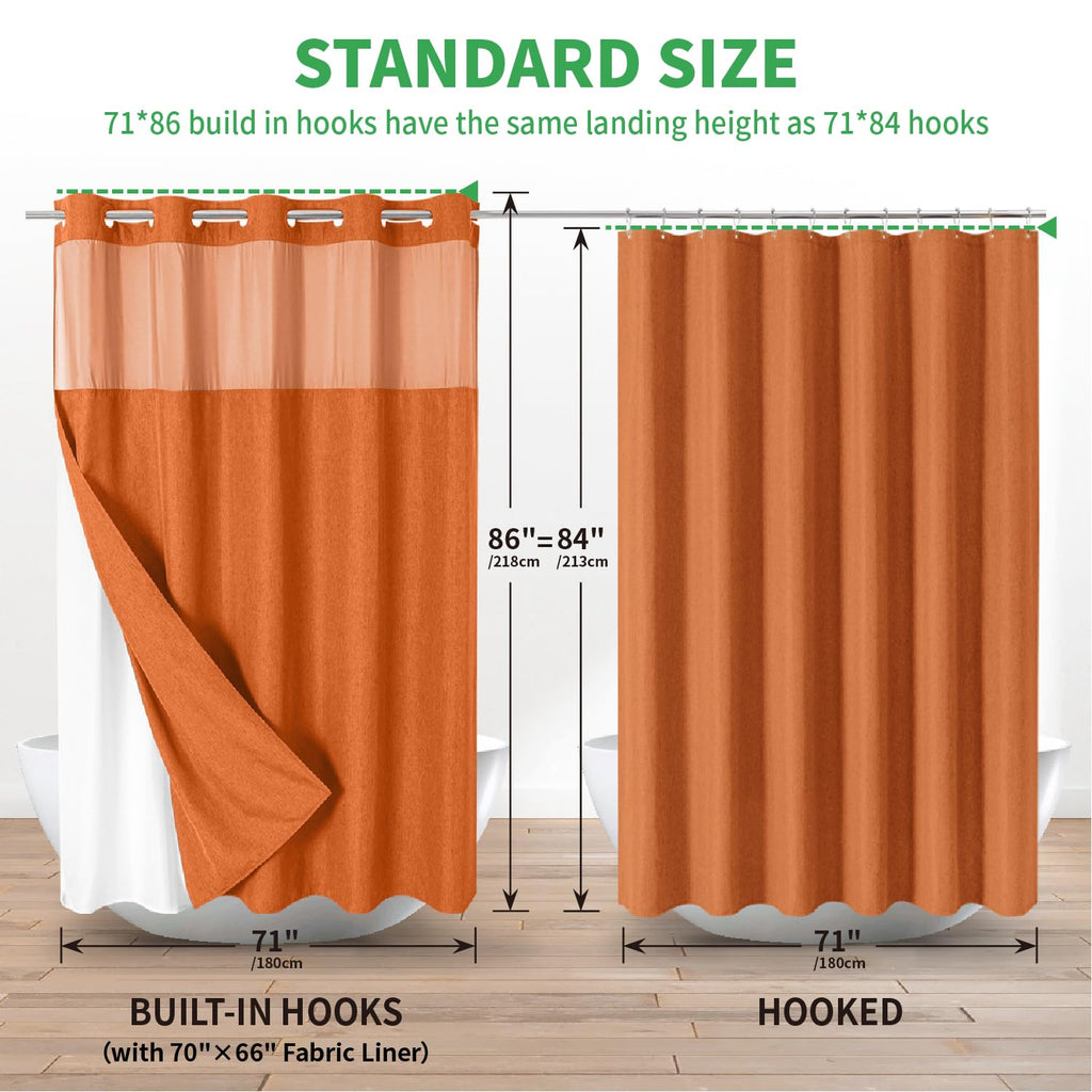No Hooks Needed Linen Textured Shower Curtain with Snap-in Fabric Liner Set, Luxury Decor Shower Curtains for Bathroom with Mesh Top Window, Waterproof & Washable