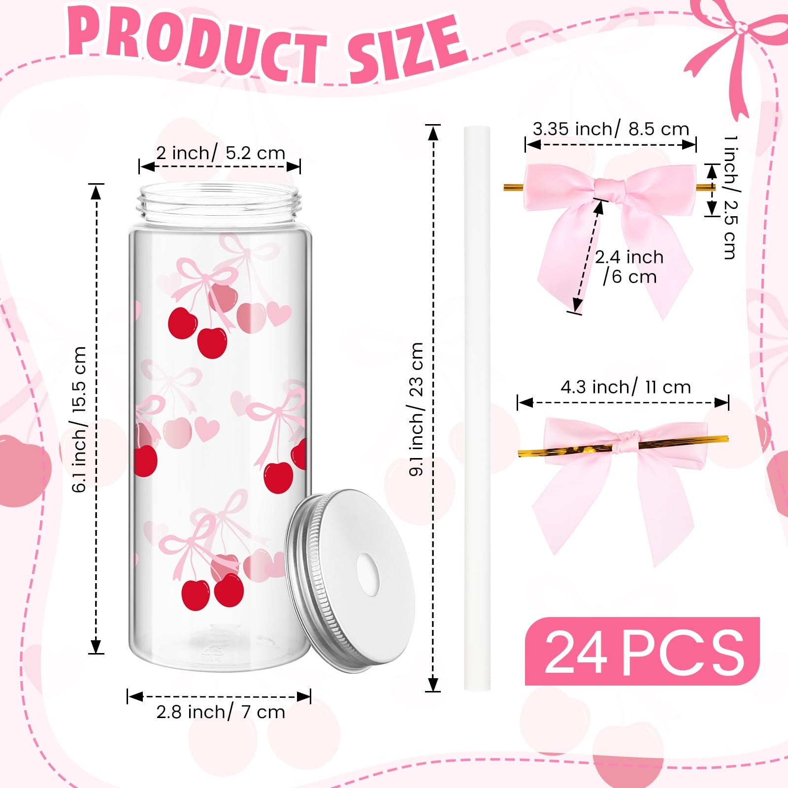 Pink Bow Plastic Bottle with Straw Lid and Twist Bow Disposable Coquette Cherry Bow Bottles Cute Inspired Retro Reusable Bottles 12 Pcs