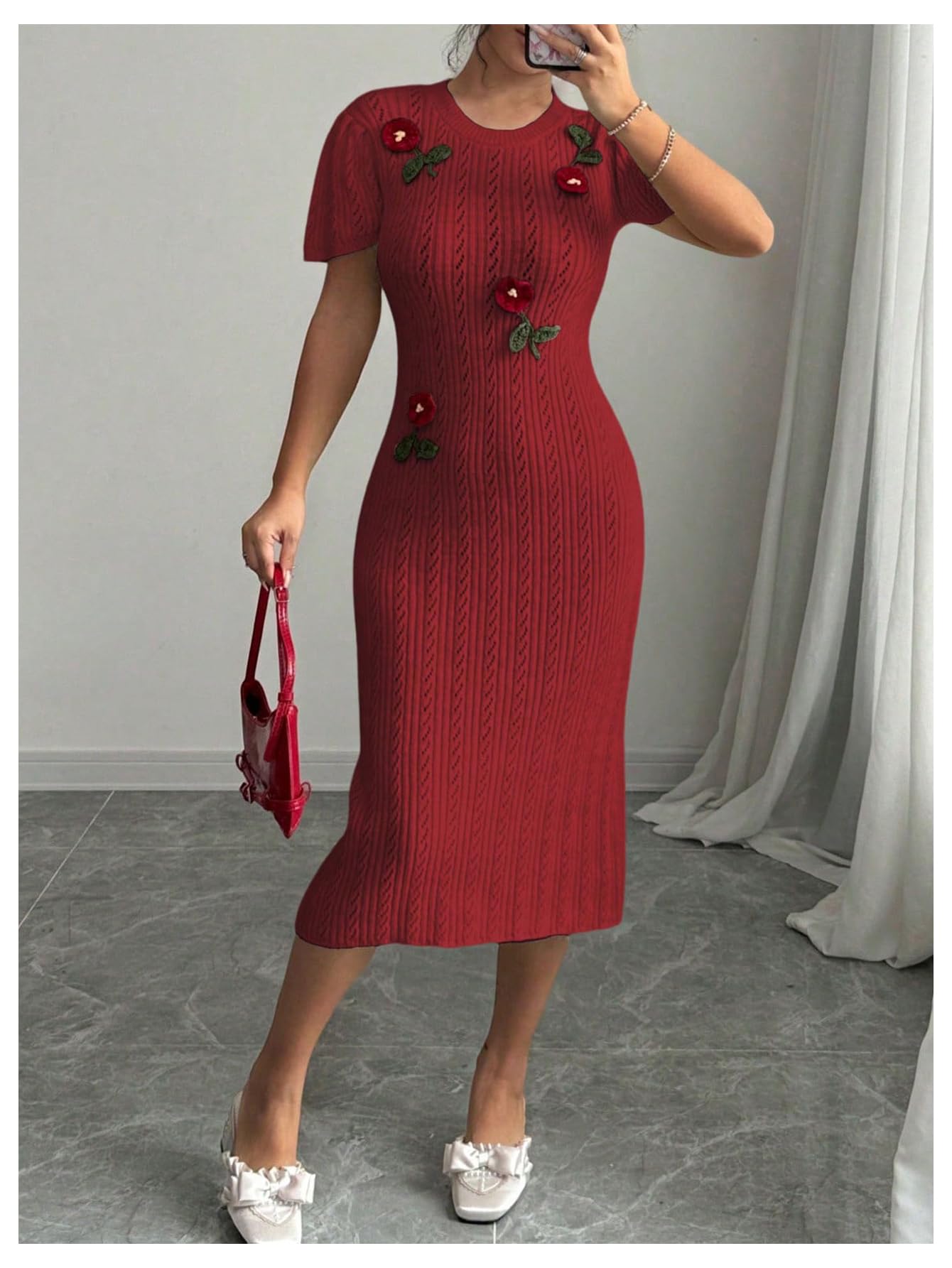 Women's 3D Flower Sweater Dress Crochet Short Sleeve Bodycon Mini Dresses