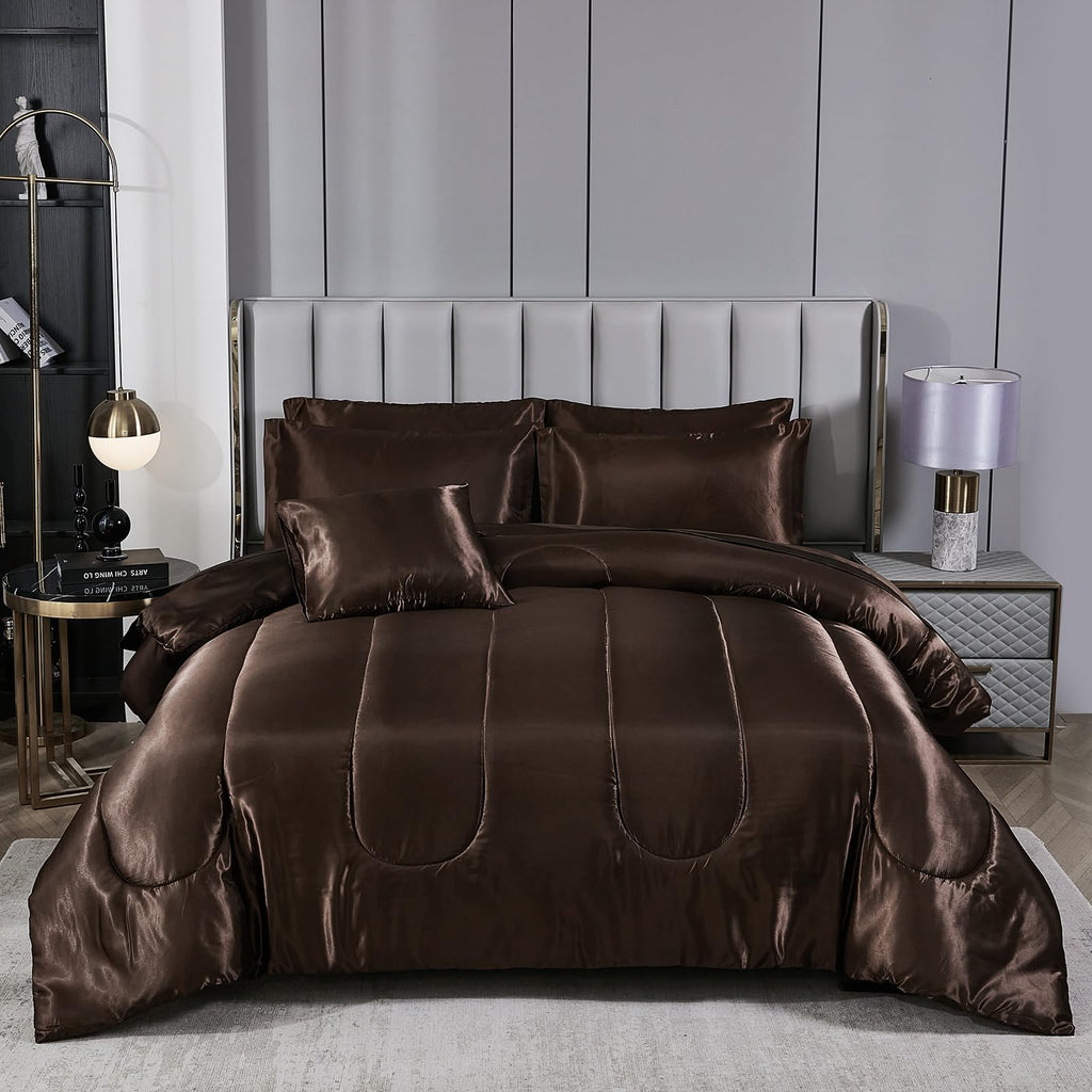 Satin Comforter Set with Sheet Set Full Silk Like Hot Pink Bed in a Bag Luxury Silky Bedding with 1 Comforter, 1 Flat Sheet, 1 Fitted Sheet, 4 Pillowcases, 1 Cushion Cover (Full, Hot Pink)