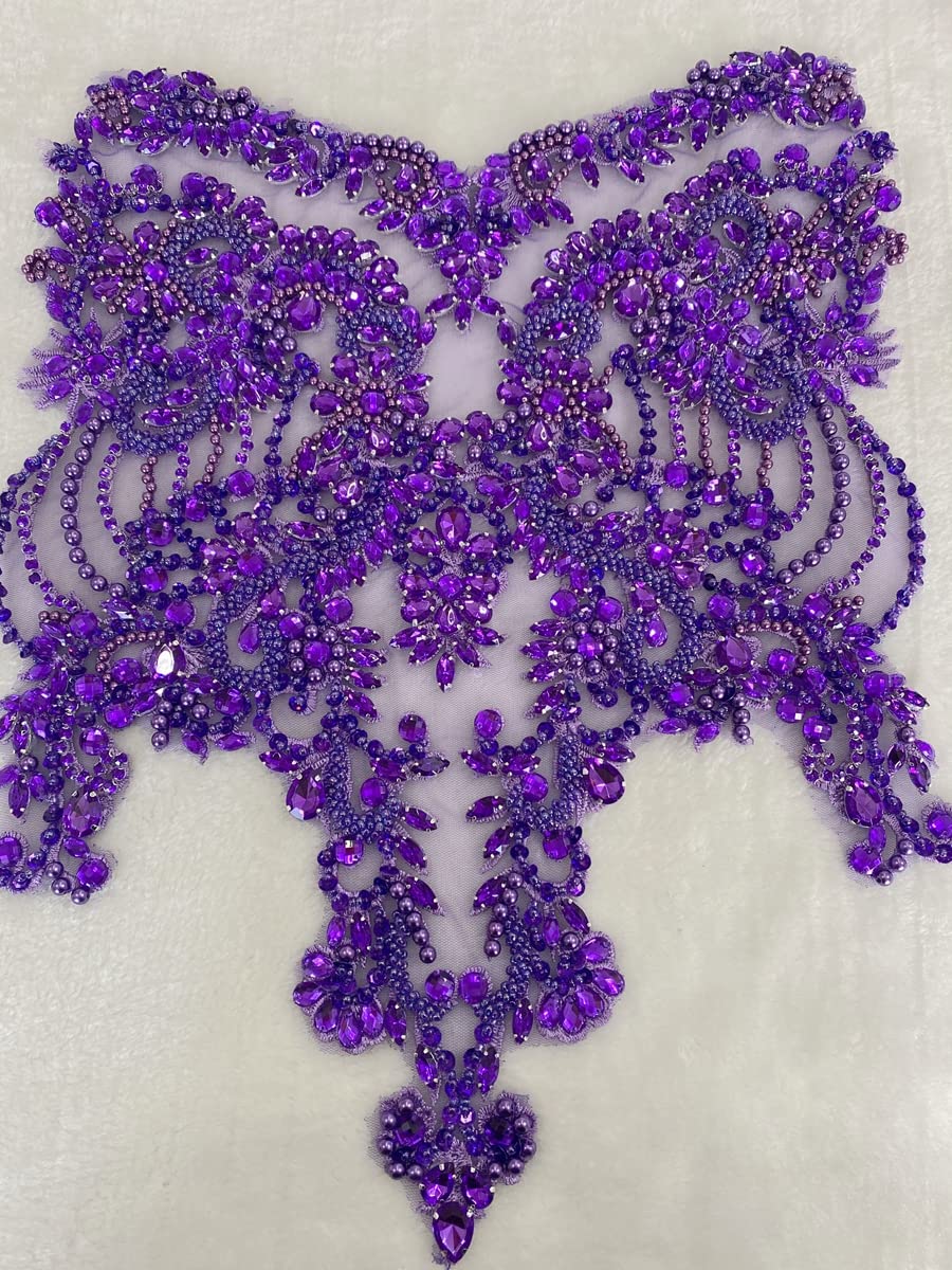 Handmade red/Blue/Gold/Green Rhinestones lace Bodice Applique Sewing Beads Crystal Trim Patches Accessory for Dress Clothes (Rose red)