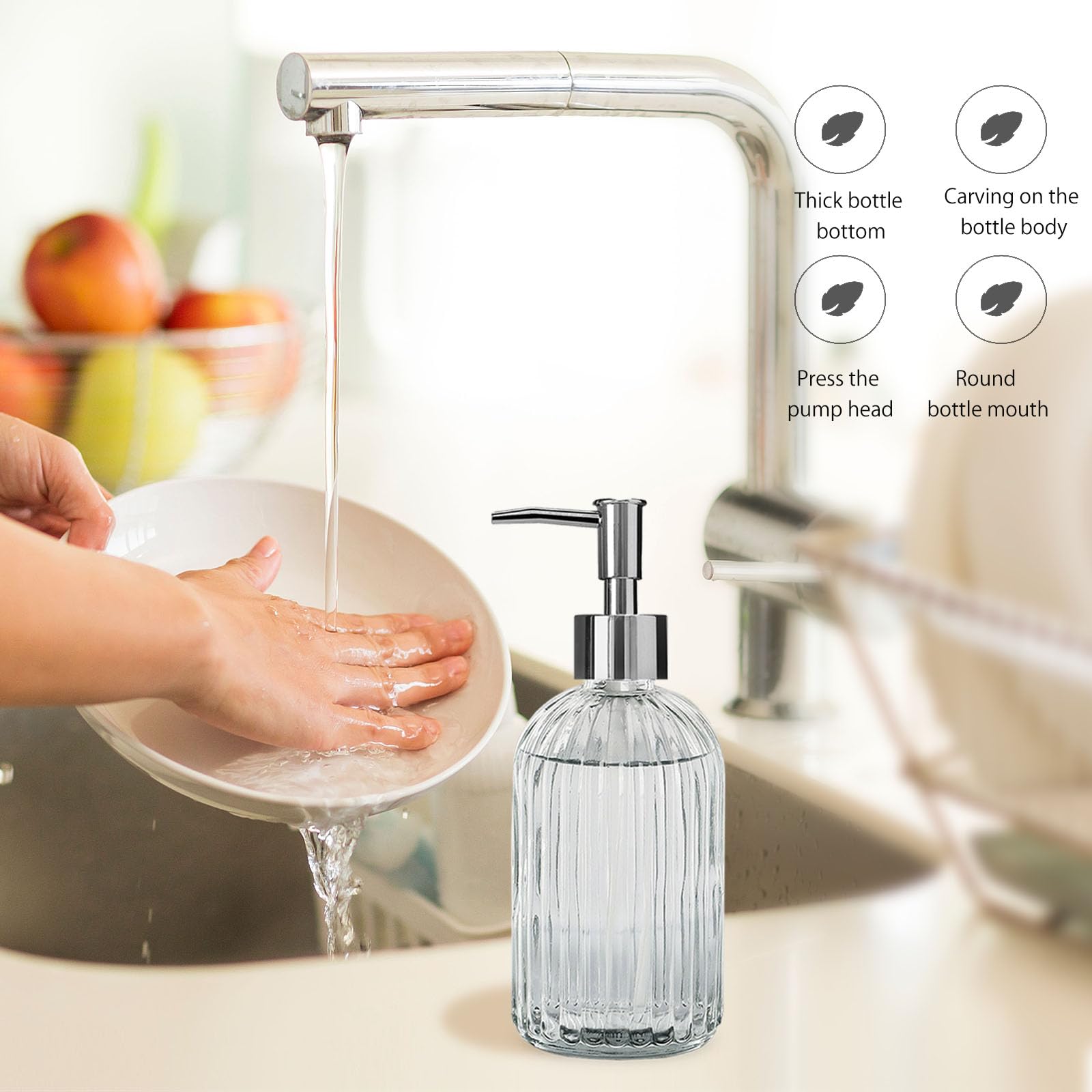 Pink Clear Glass Soap Dispenser 13 Oz/400ml, Striped Transparent Liquid Hand Soap Dispenser for Kitchen & Bathroom