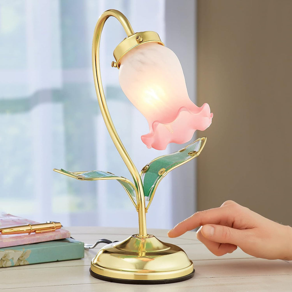 Collections Etc Decorative Flower Shaped Touch Lamp with 3 Brightness Settings - Gold-Toned Base, Glass Leaves - Glass, Metal