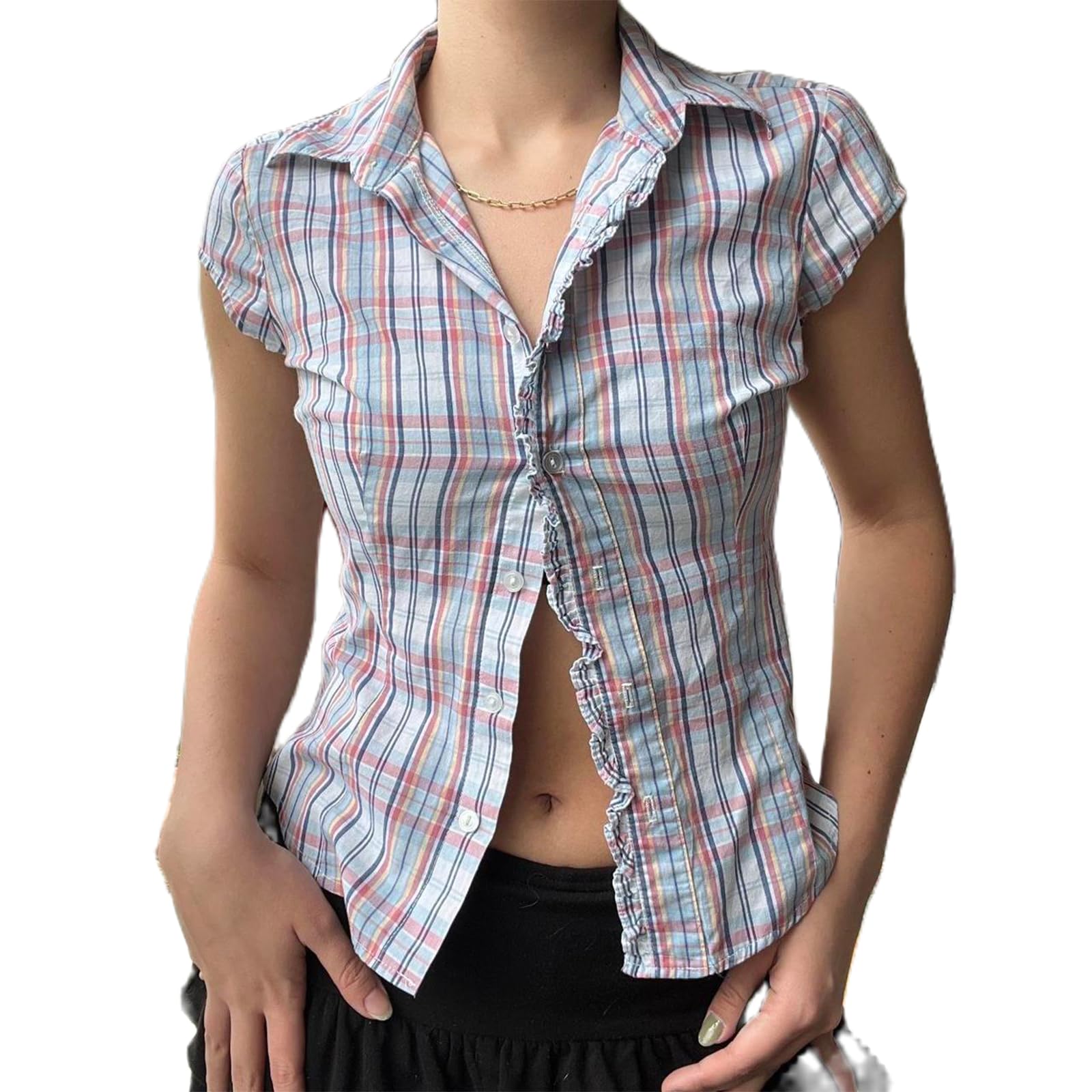 Women Y2k Coquette Button Down Shirt Cute Button Up Cap Sleeve V Neck Preppy Slim Fit Summer 90s Crop Top Blouse