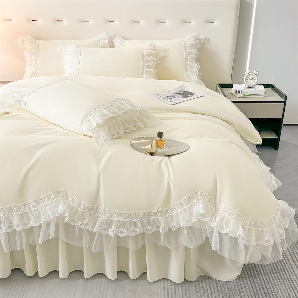 Chic Ruffle Lace Polyester Duvet Cover Set -Bedding-2 Piece Duvet Cover with Zipper Closure -Ultra Soft and Light Weight