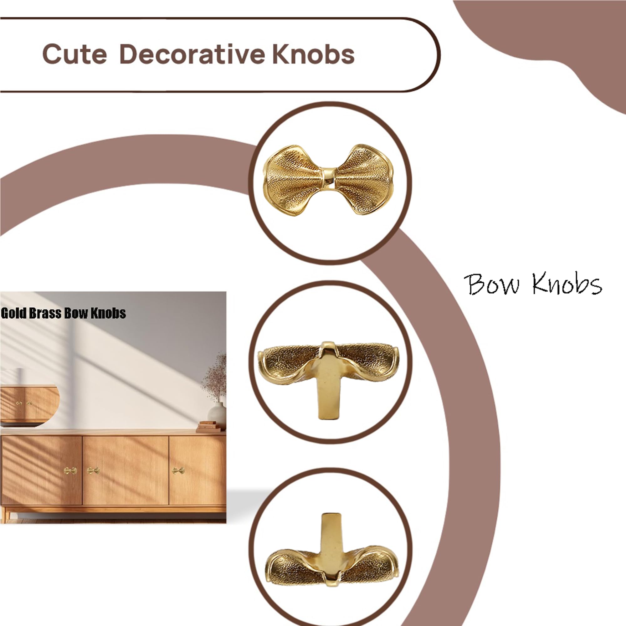 Gold Brass Small Bow Knobs Cute Dresser Drawer Handles Kitchen Cabinet Pulls Art Deco Single Hole Decorative Knobs Modern Furniture Hardware for Closet Cupboard
