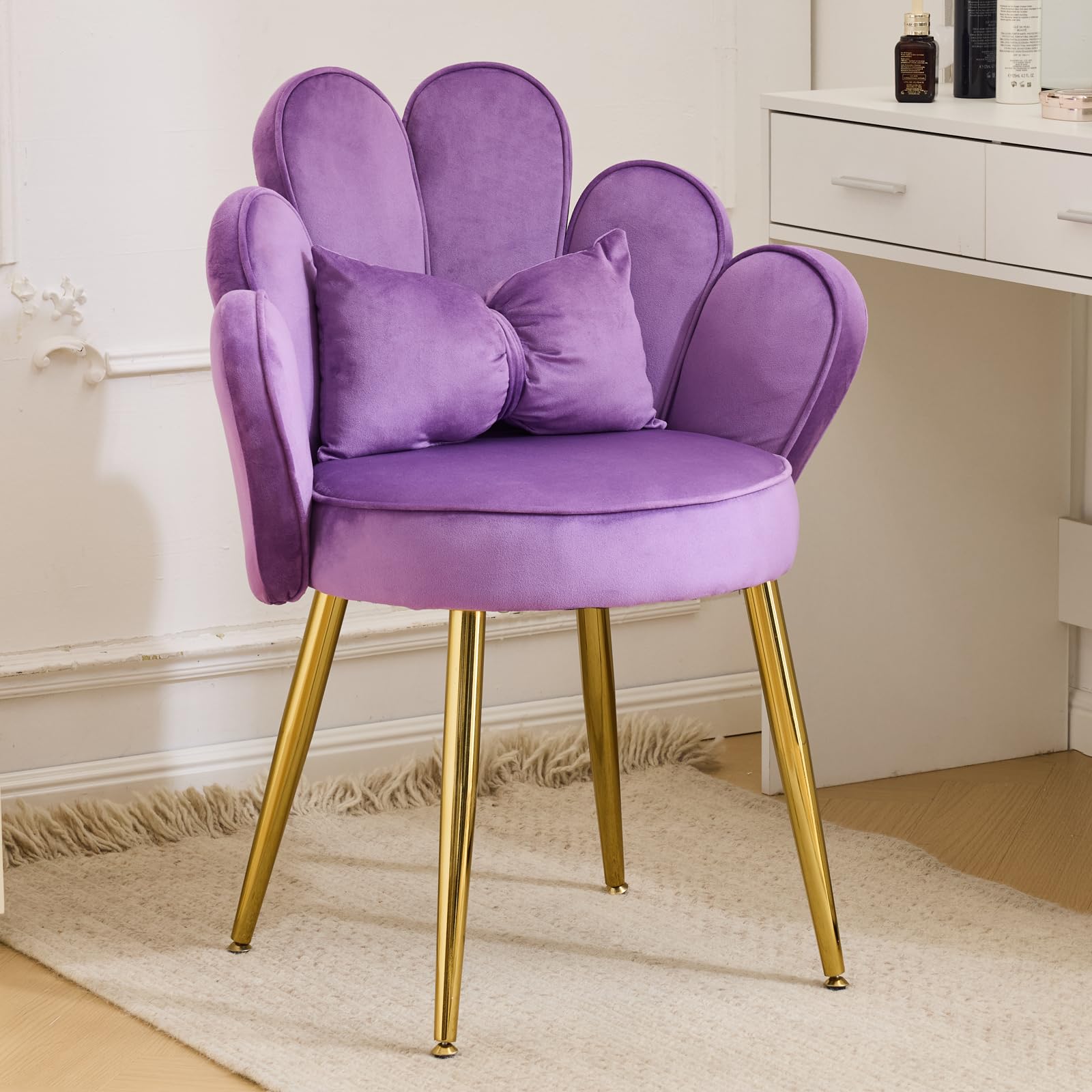Cute, non-wheeled desk chair with backrest, fluffy cushion, cozy makeup chair with adjustable golden legs