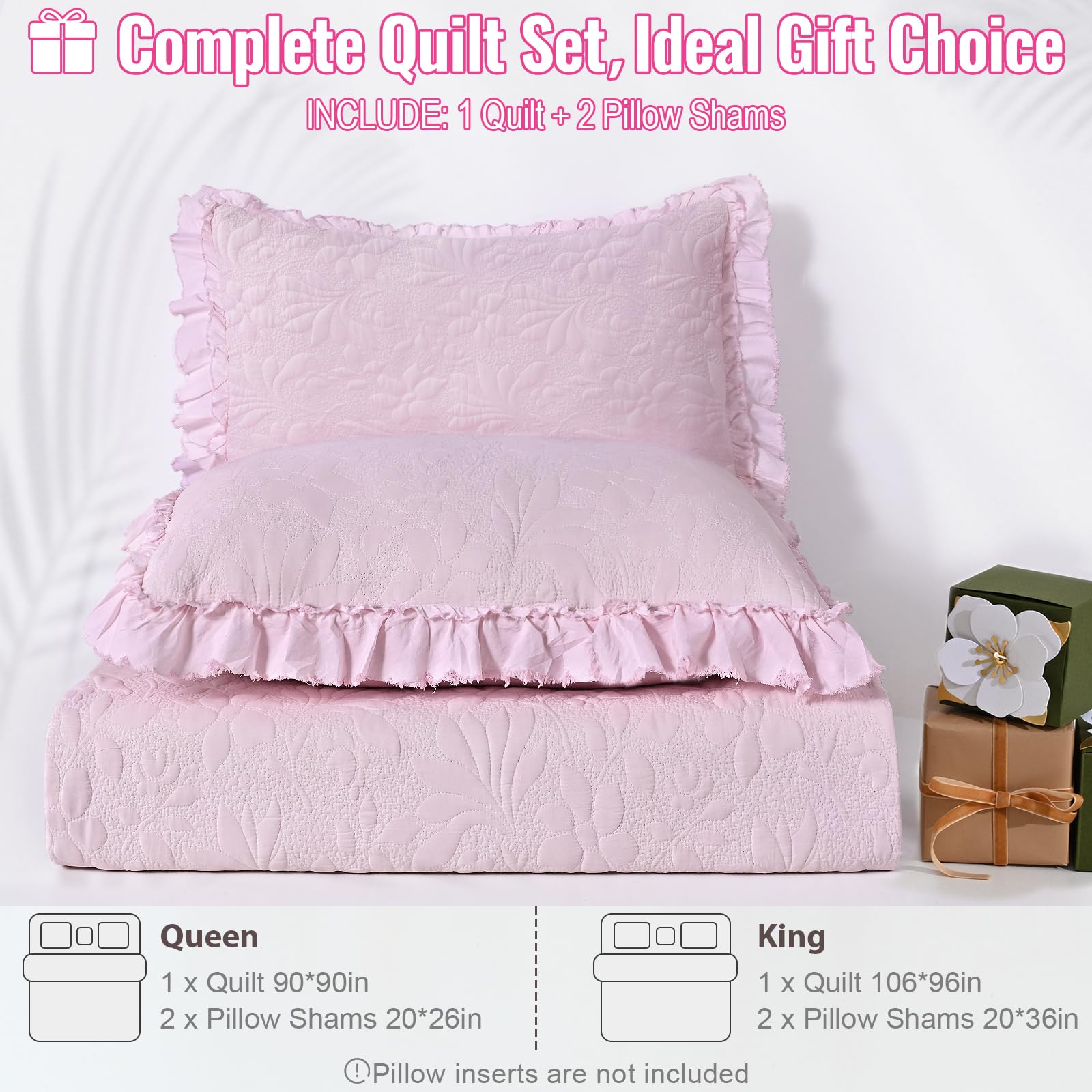 Ruffled Floral Quilts Soybean Fiber Filling Bedding Set 3 Piece, Stone-Washed Microfiber Shabby Chic Lightweight Soft Bedspread